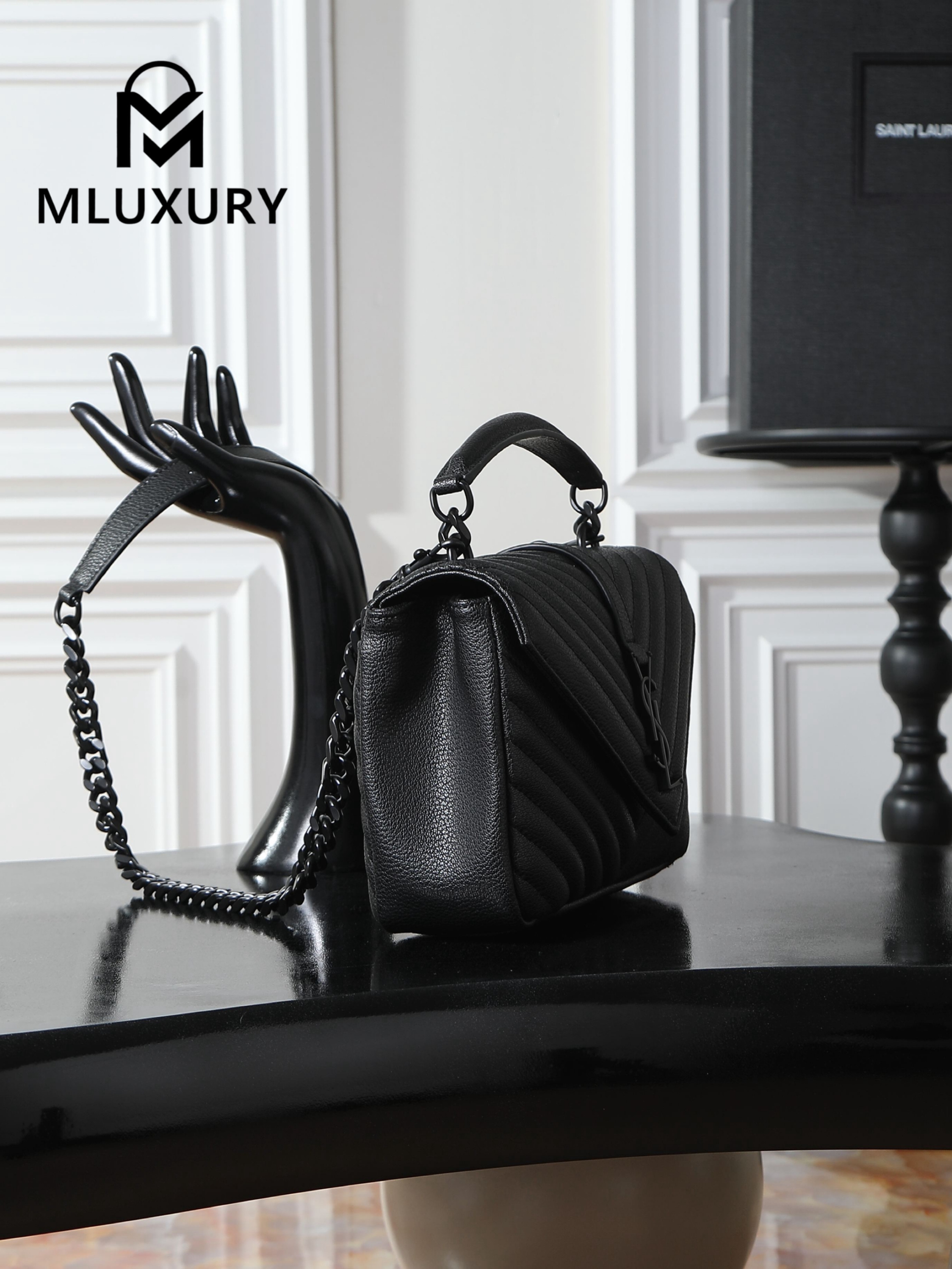YSL Monogram College 24cm, Black with Black Buckle