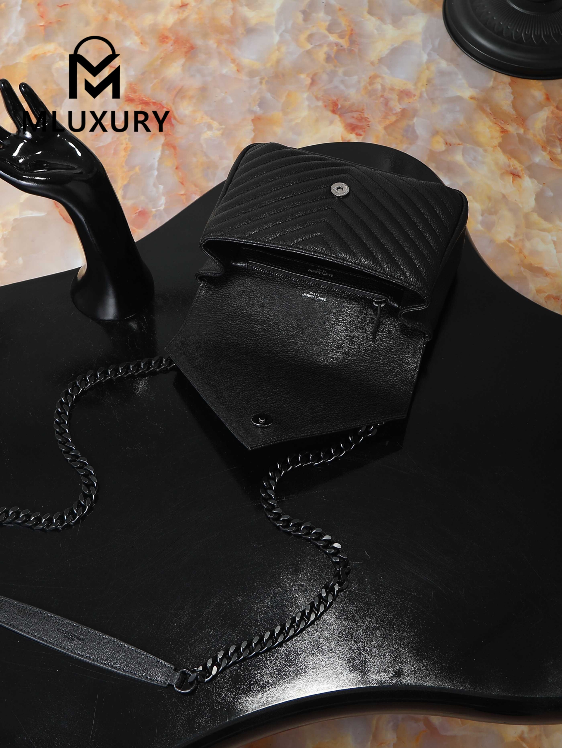 YSL Monogram College 24cm, Black with Black Buckle