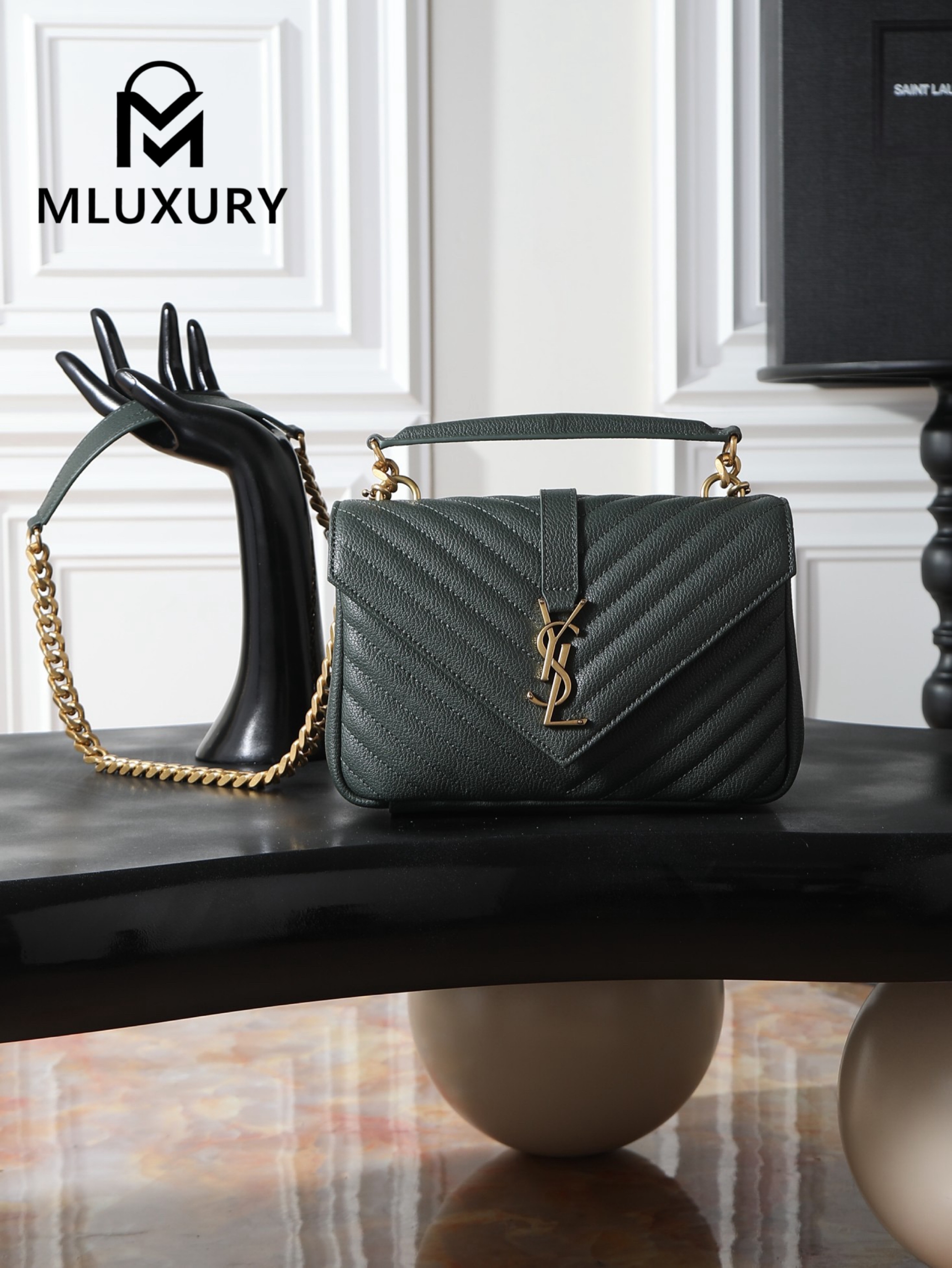 YSL Monogram College 24cm, Dark Green with Gold Hardware