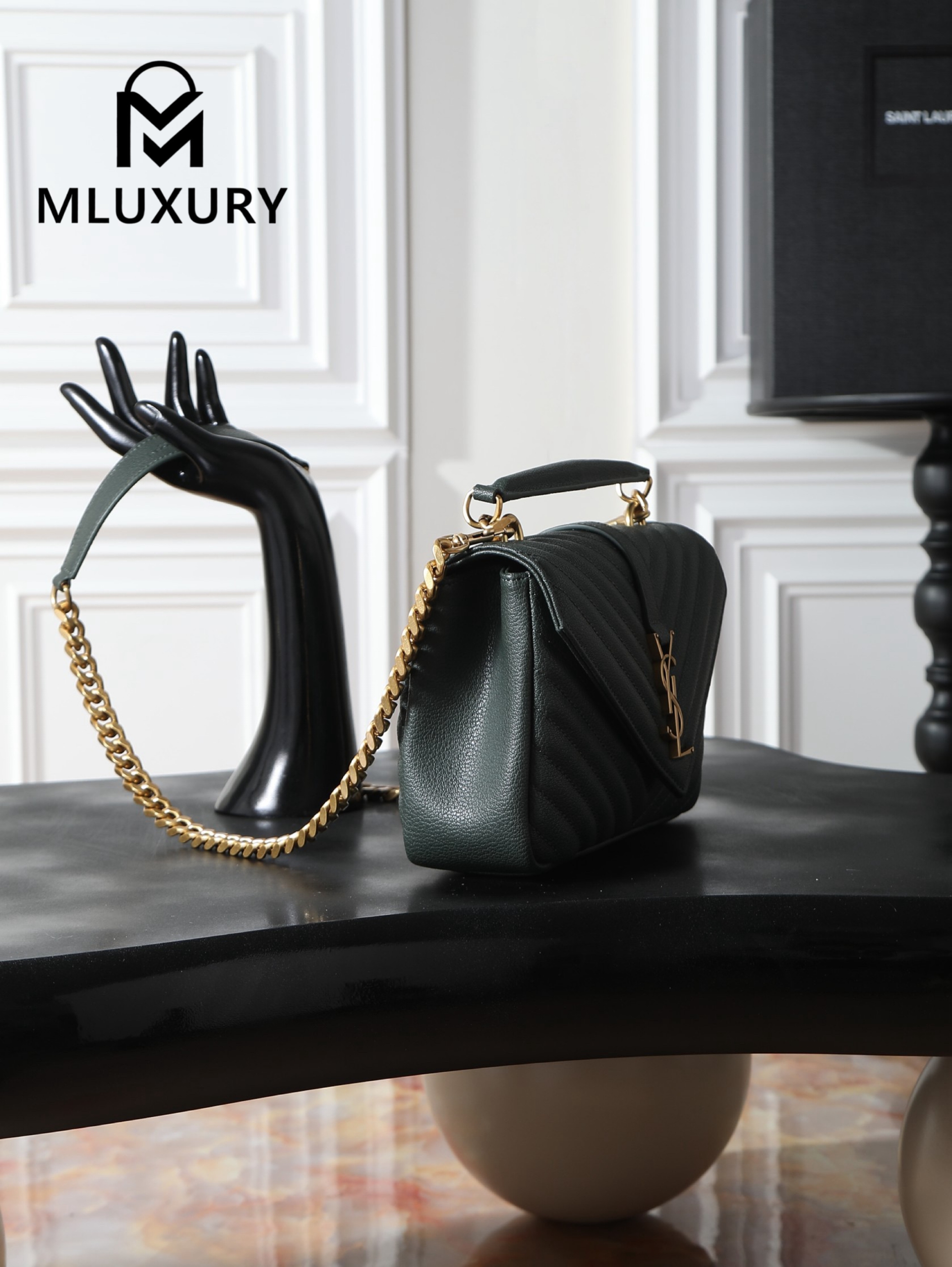 YSL Monogram College 24cm, Dark Green with Gold Hardware
