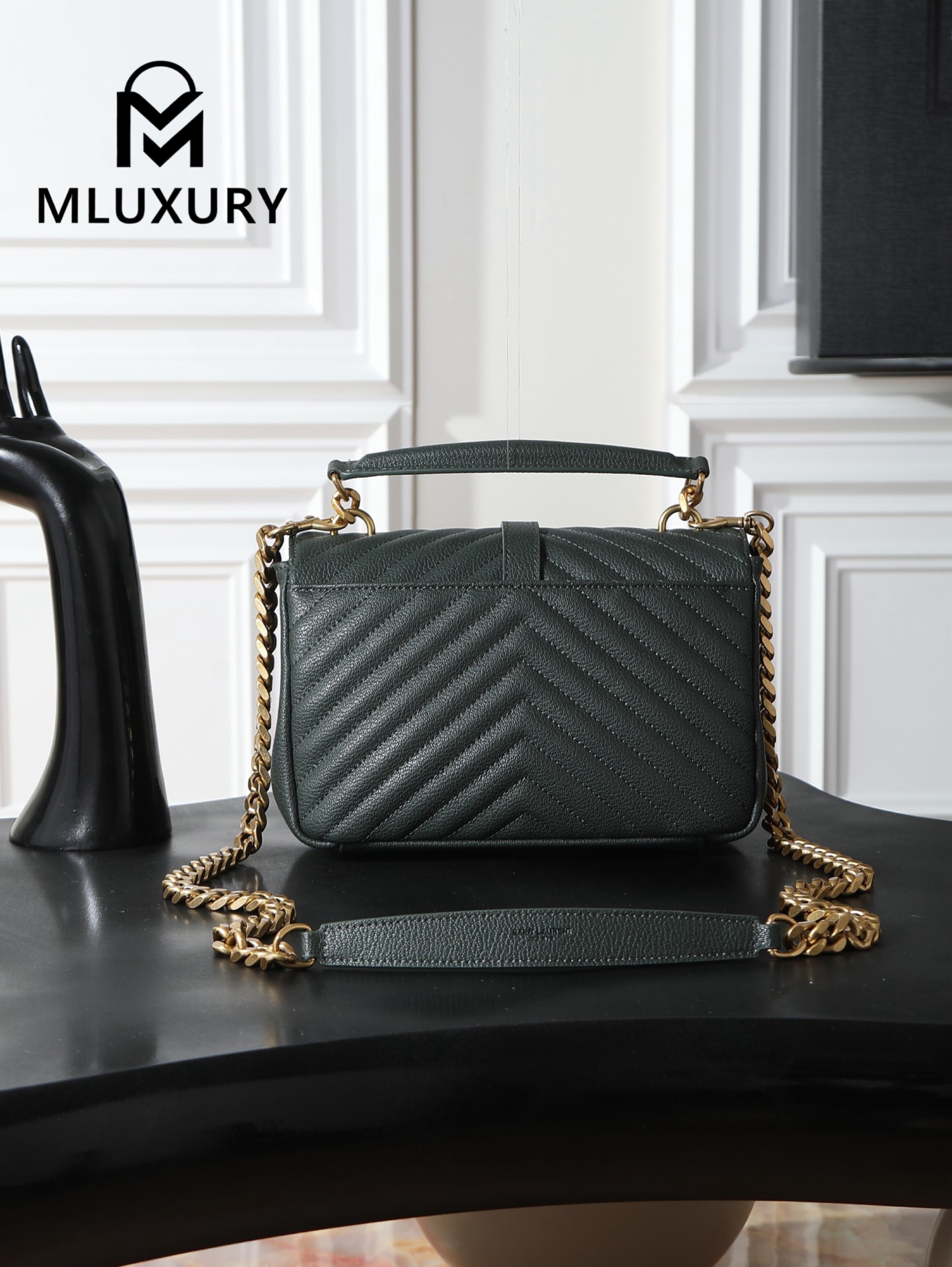 YSL Monogram College 24cm, Dark Green with Gold Hardware