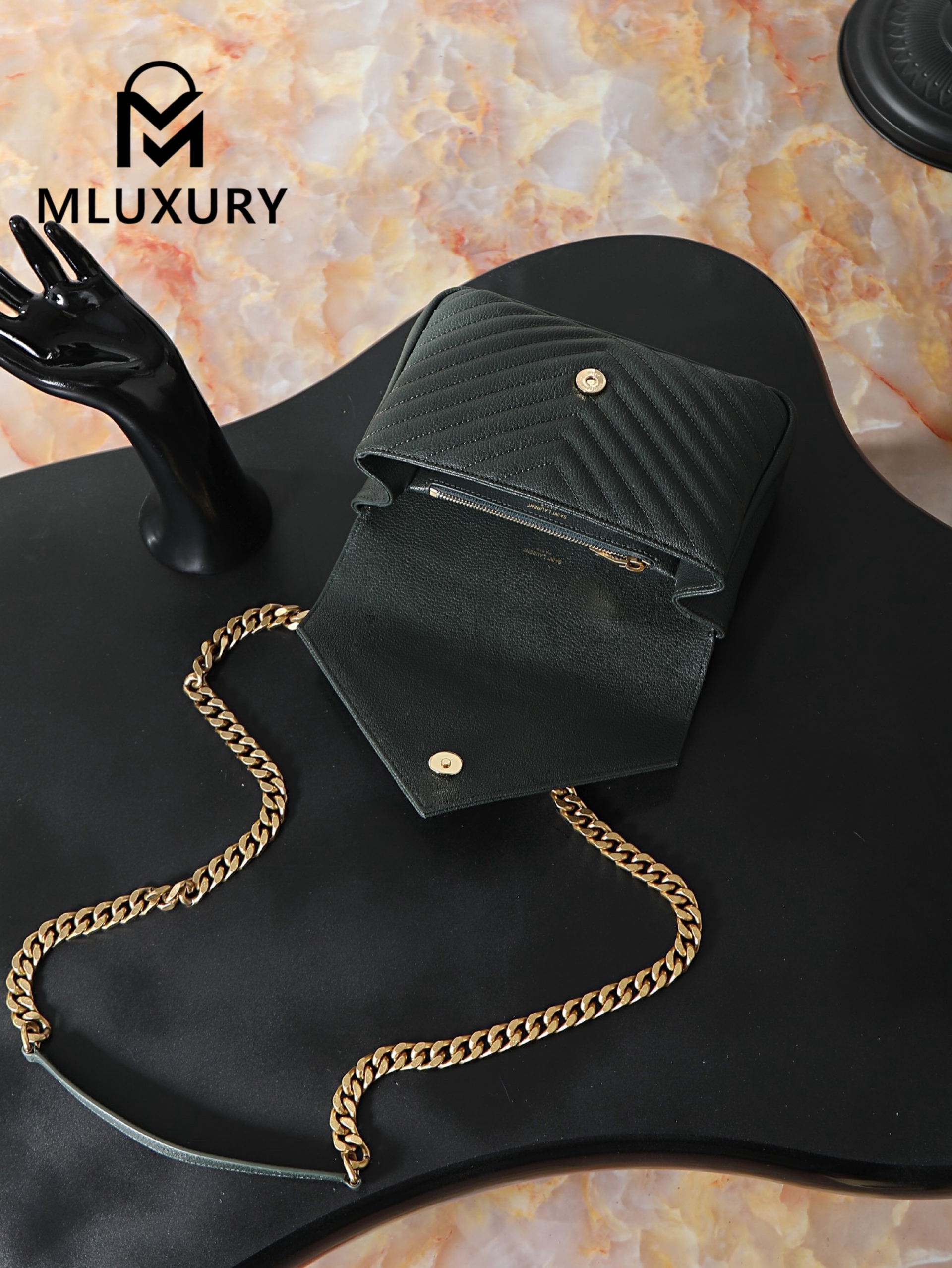 YSL Monogram College 24cm, Dark Green with Gold Hardware