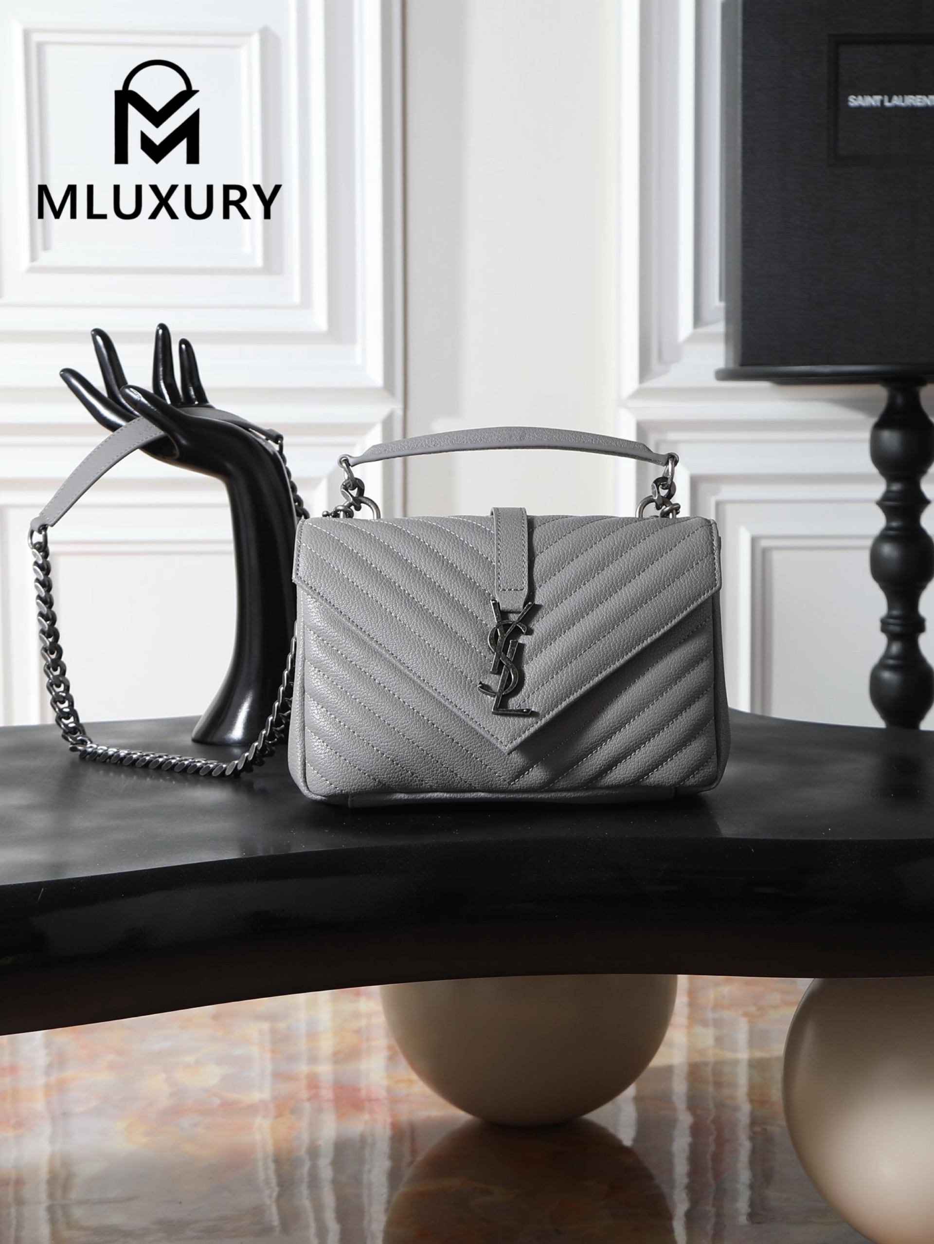 YSL Monogram College 24cm, Grey with Silver Buckle