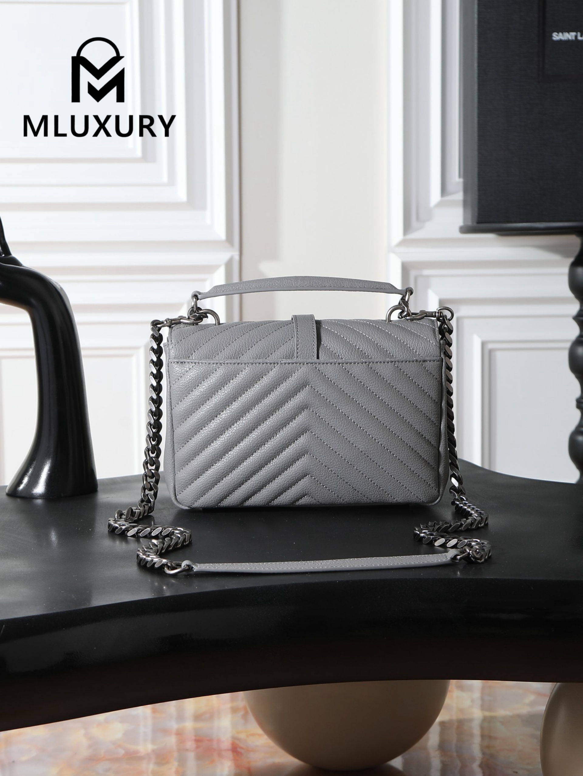 YSL Monogram College 24cm, Grey with Silver Buckle