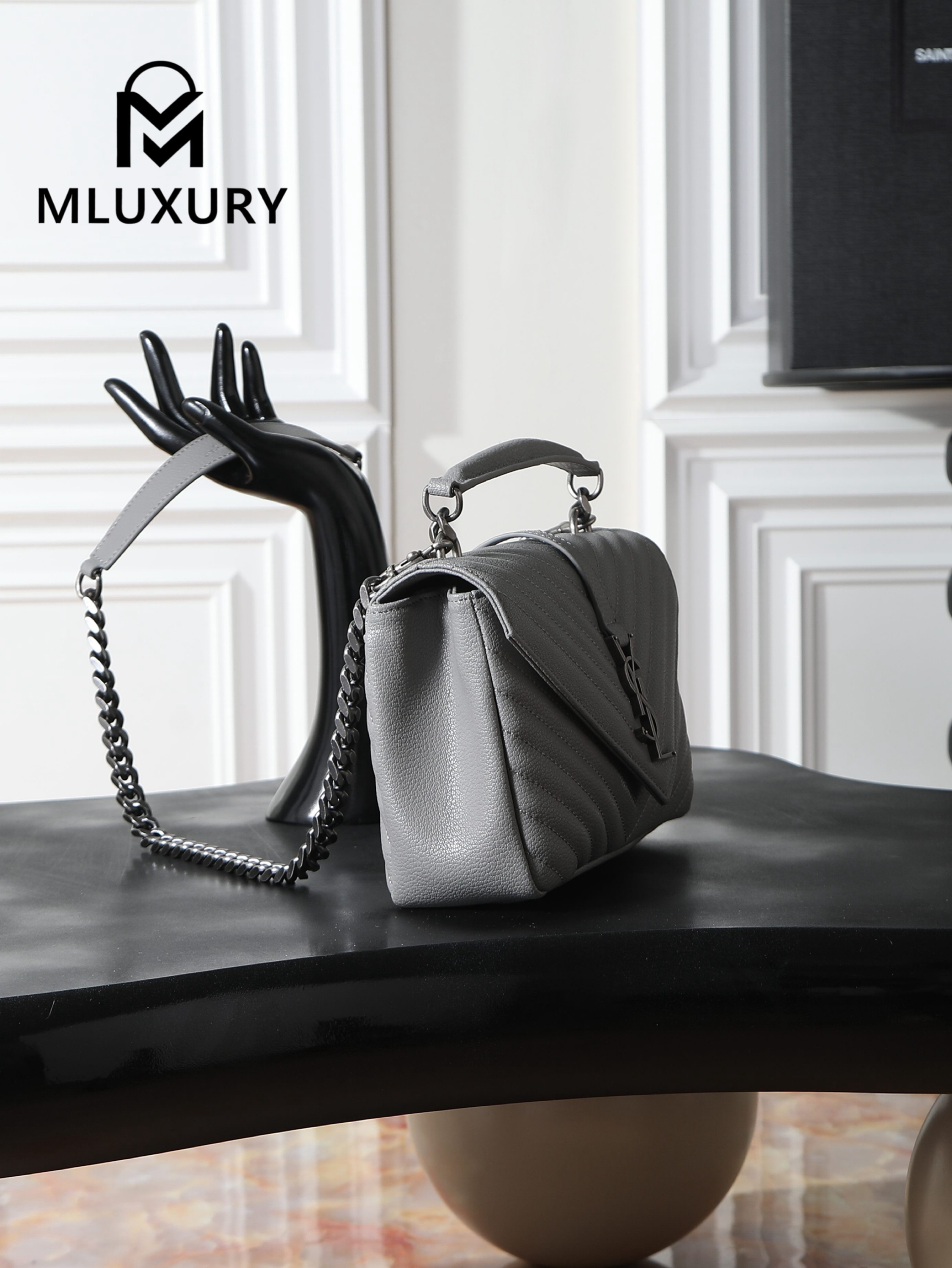YSL Monogram College 24cm, Grey with Silver Buckle