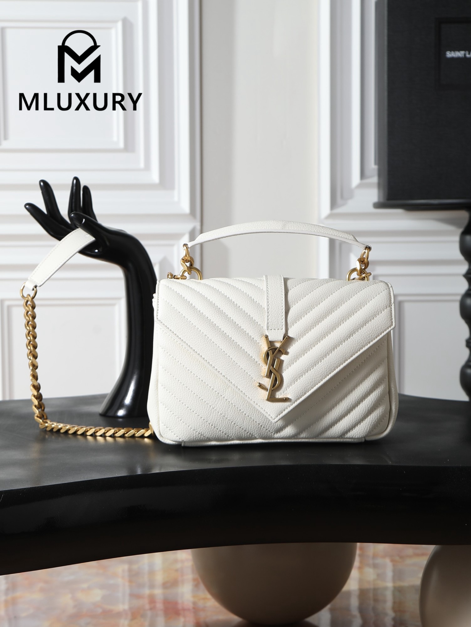 YSL Monogram College 24cm, White with Gold Hardware