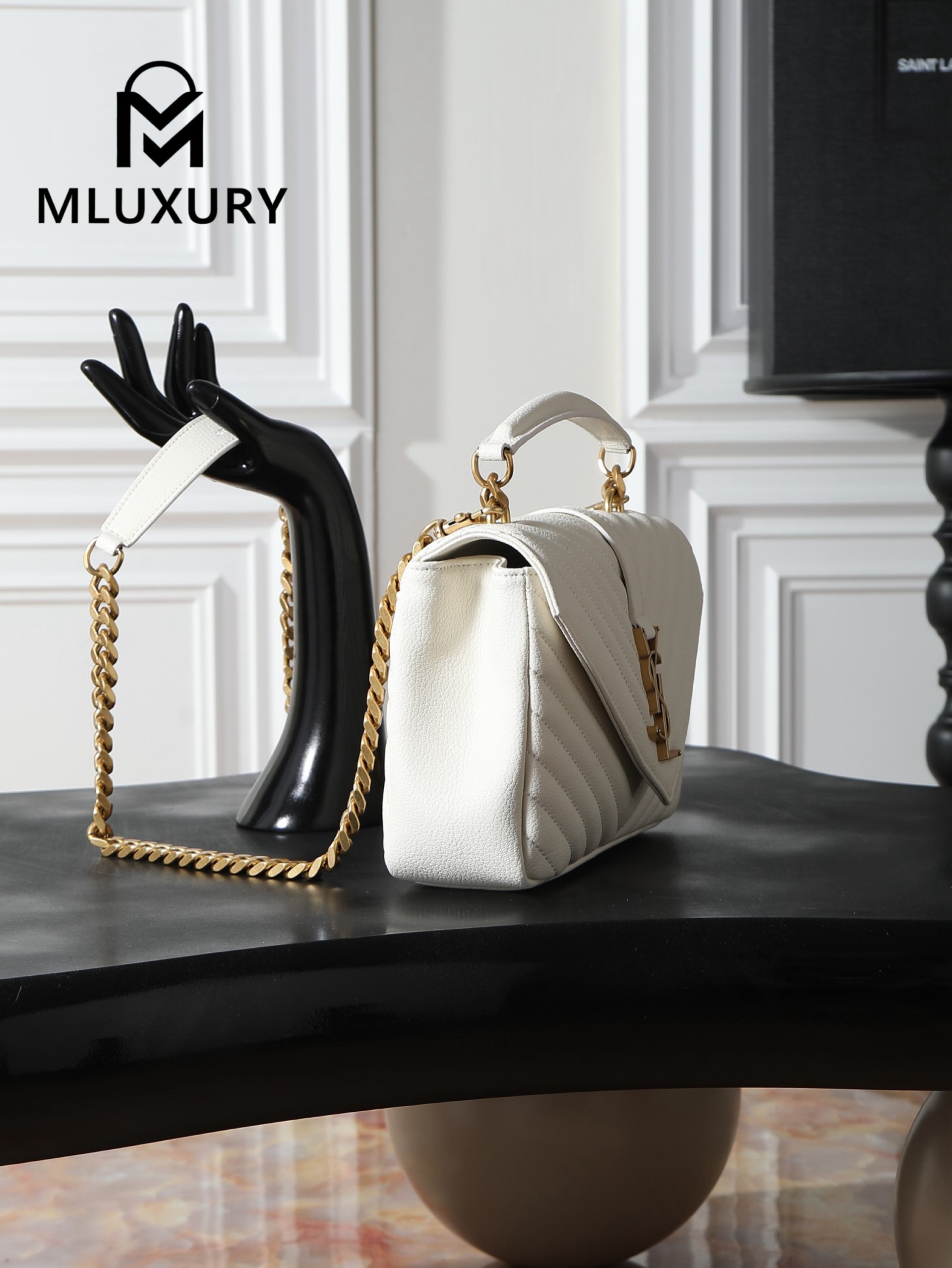 YSL Monogram College 24cm, White with Gold Hardware