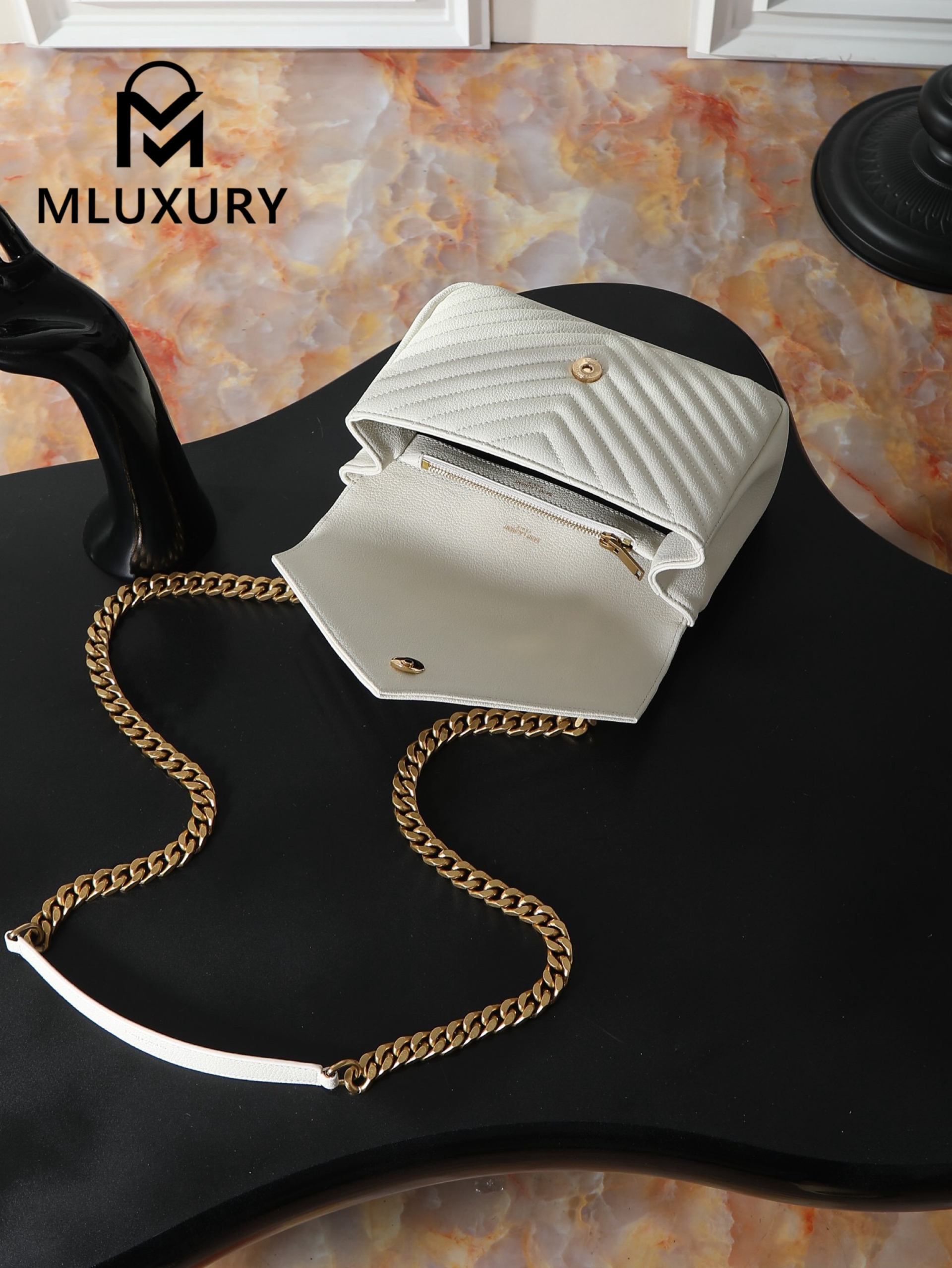 YSL Monogram College 24cm, White with Gold Hardware
