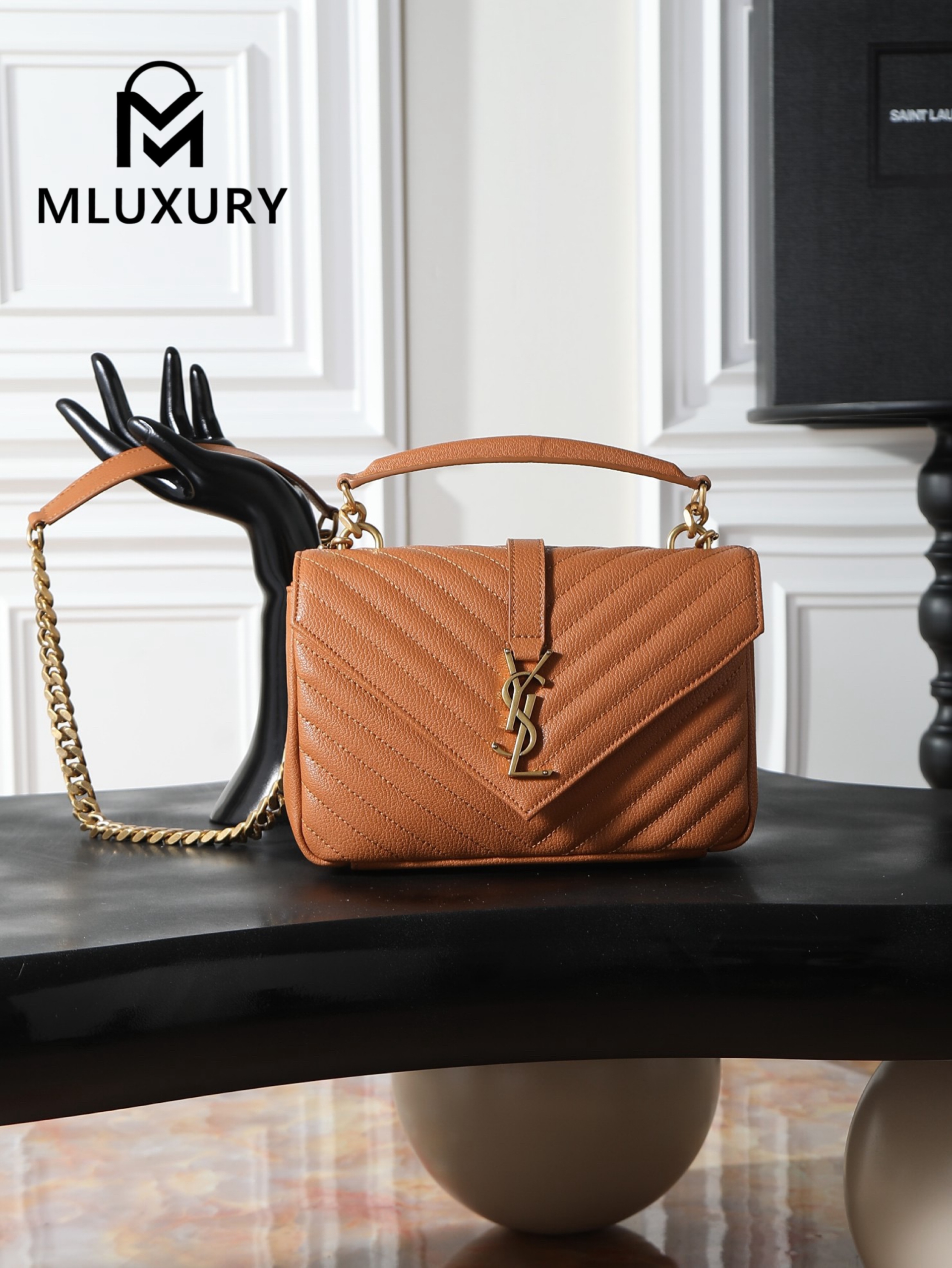 YSL Monogram College 24cm, Tan with Gold Hardware
