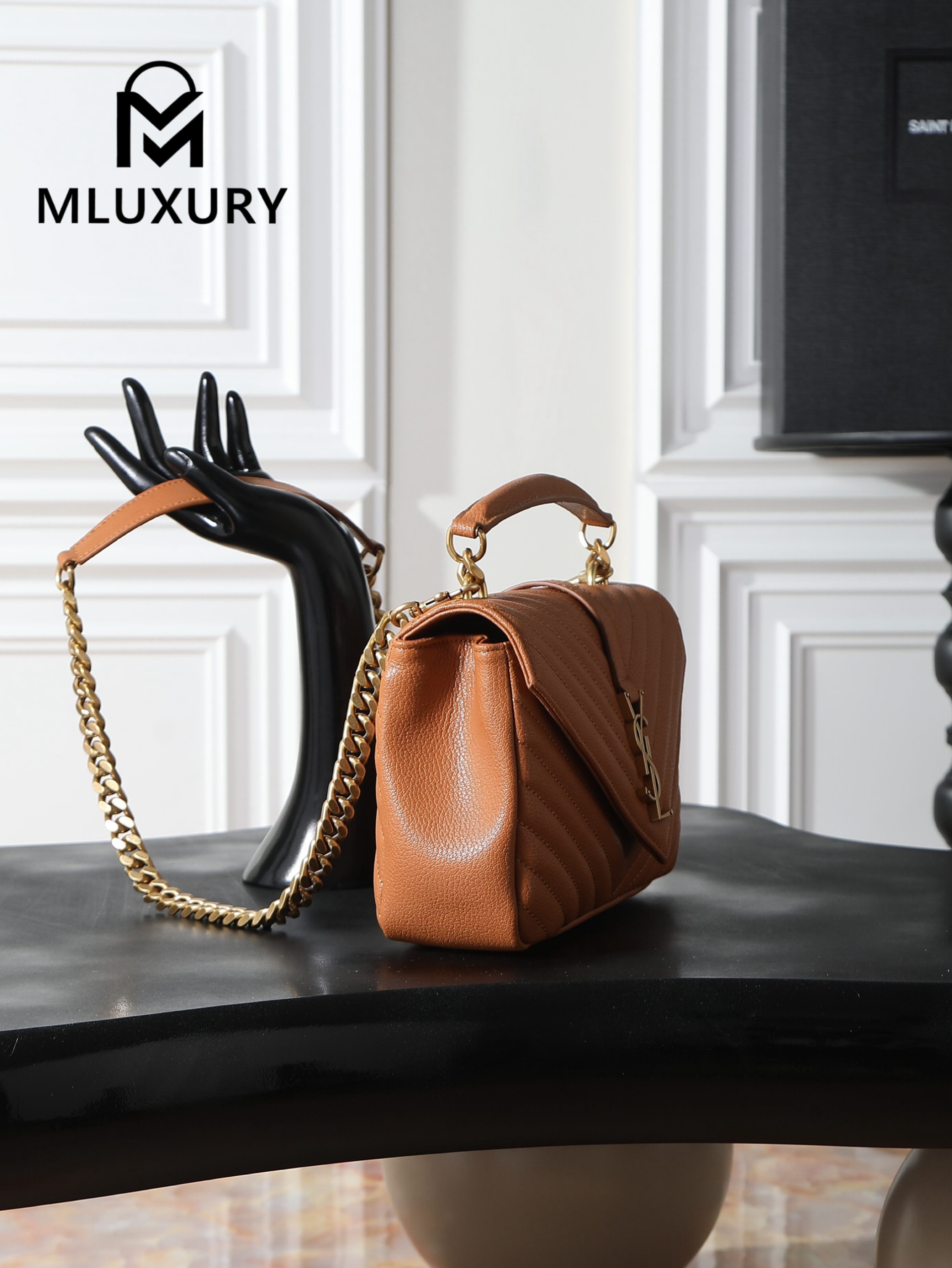 YSL Monogram College 24cm, Tan with Gold Hardware
