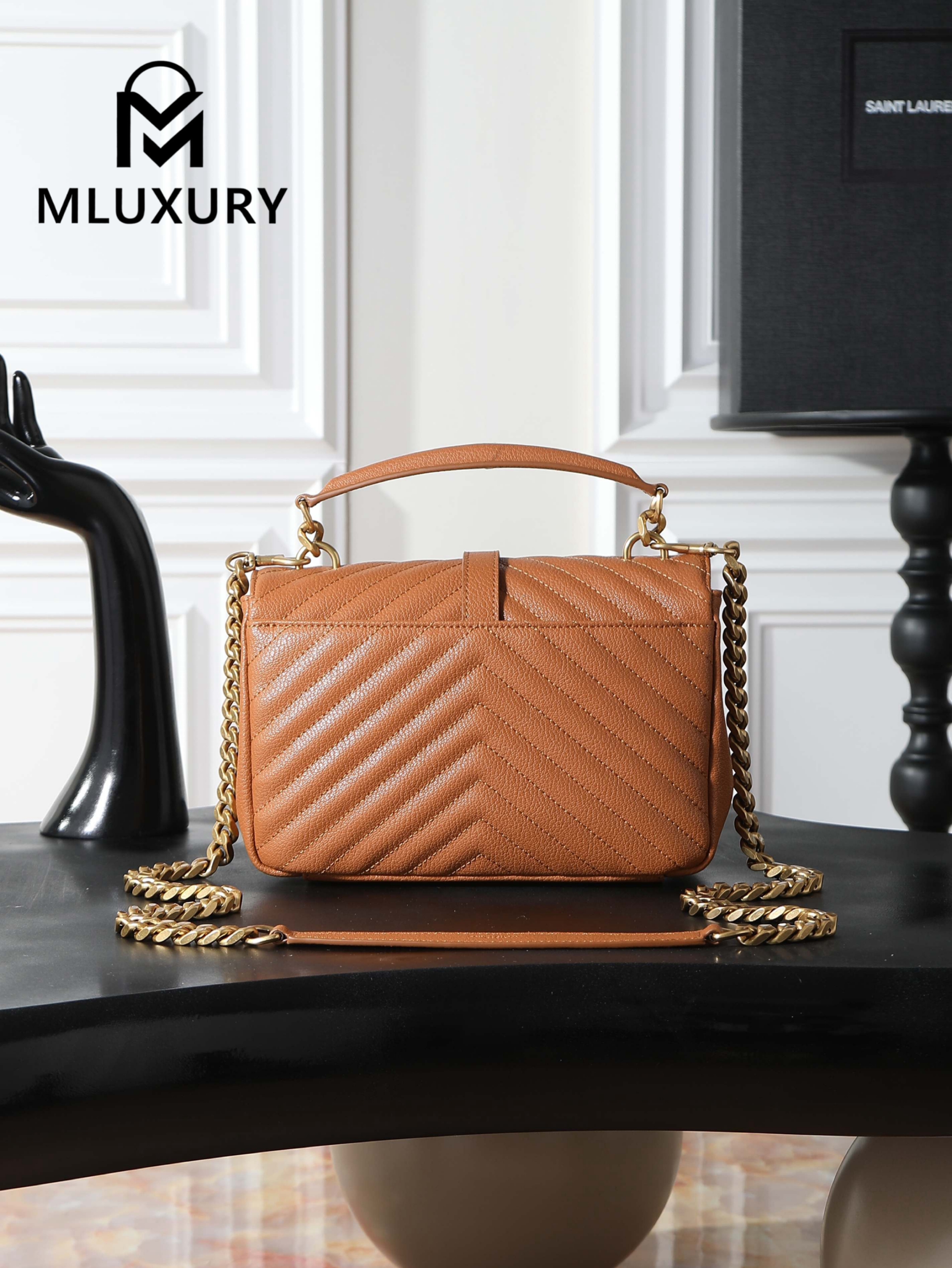YSL Monogram College 24cm, Tan with Gold Hardware