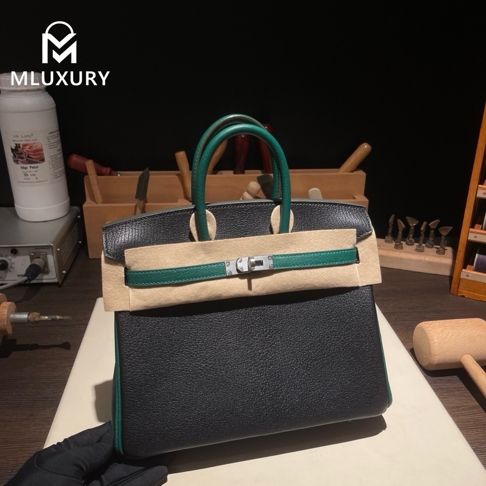 Hermès Birkin 25, Genuine French Lambs logo, Black with peacock green accents, Silver hardware