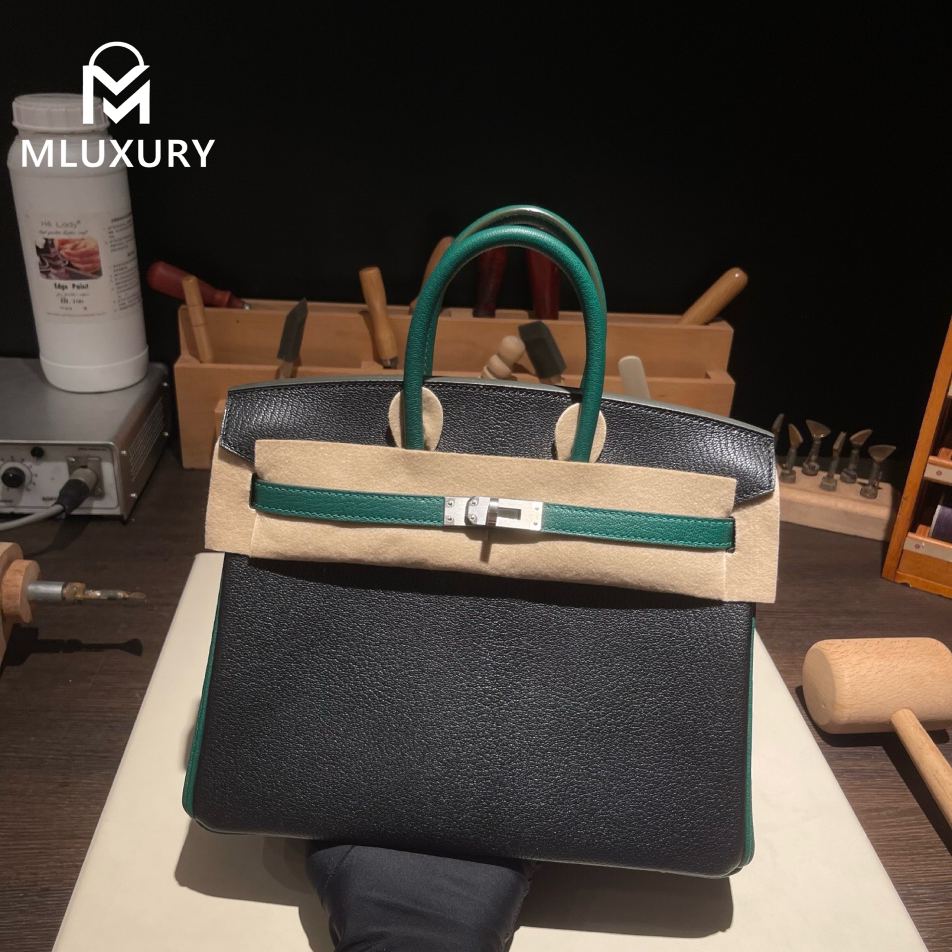 Hermès Birkin 25, Genuine French Lambs logo, Black with peacock green accents, Silver hardware
