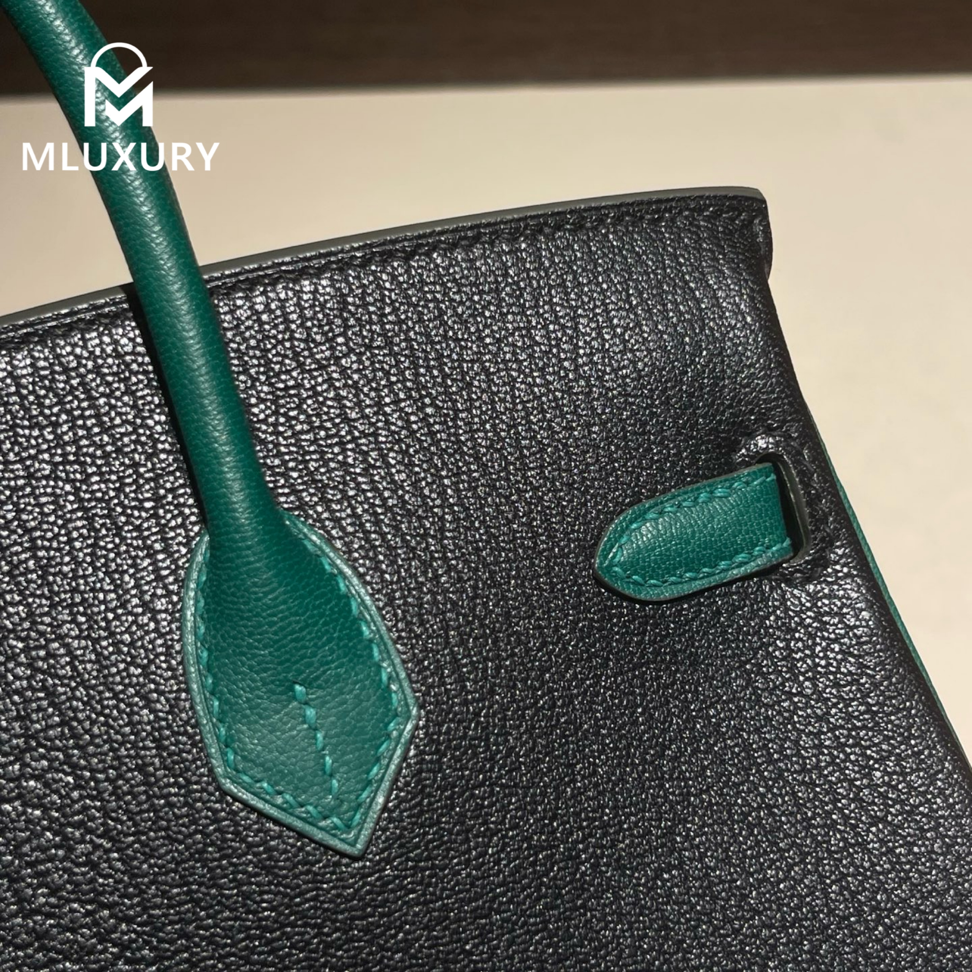 Hermès Birkin 25, Genuine French Lambs logo, Black with peacock green accents, Silver hardware