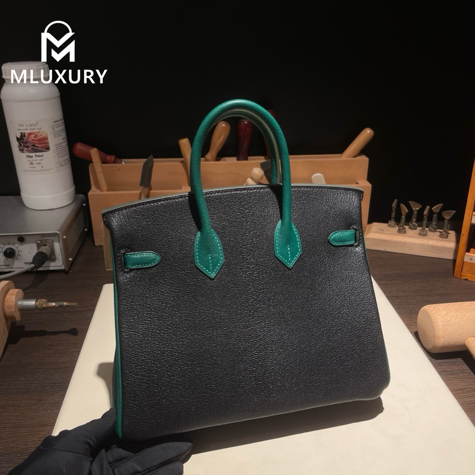 Hermès Birkin 25, Genuine French Lambs logo, Black with peacock green accents, Silver hardware