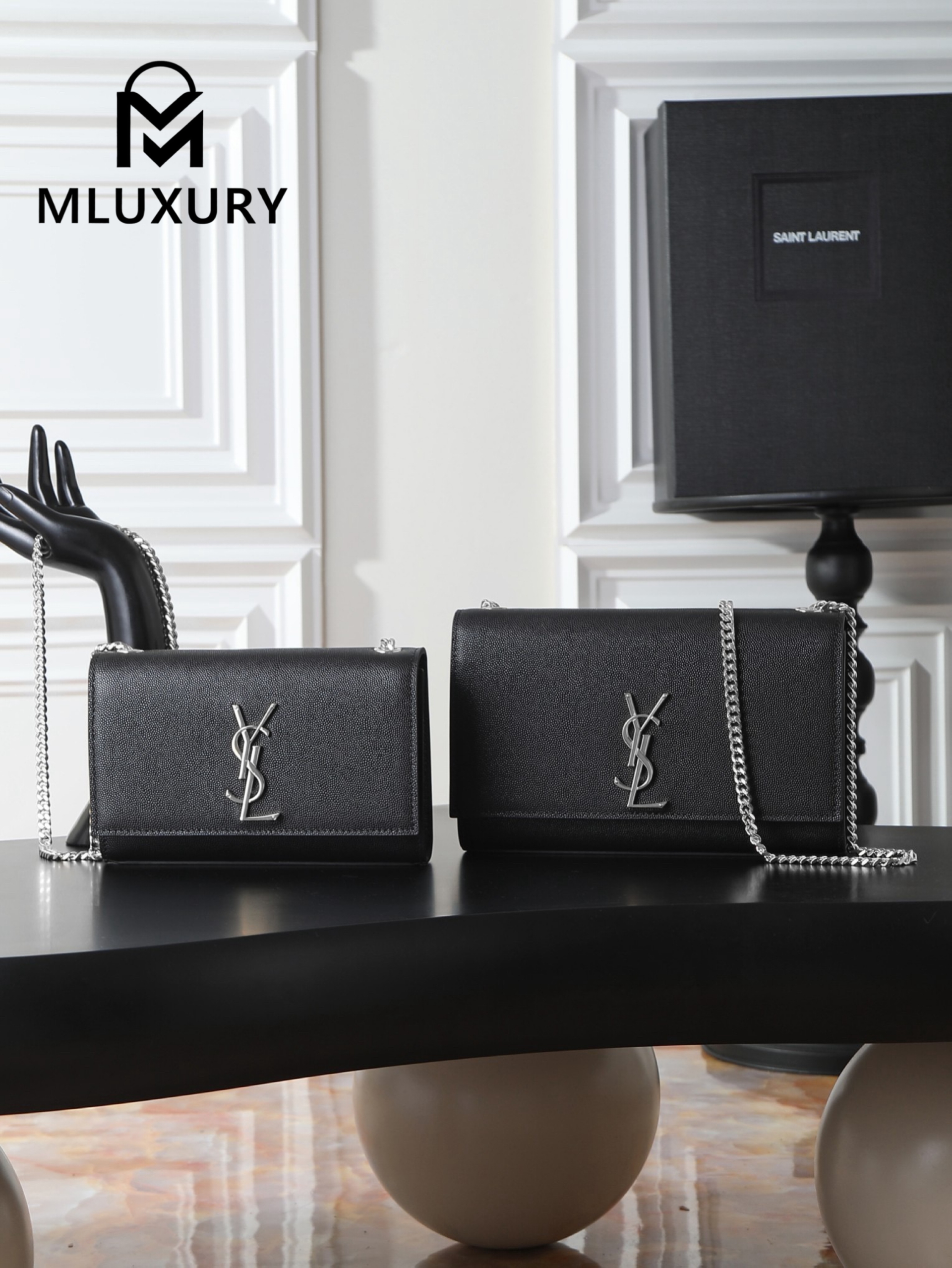 YSL KATE Black Caviar with Silver Buckle