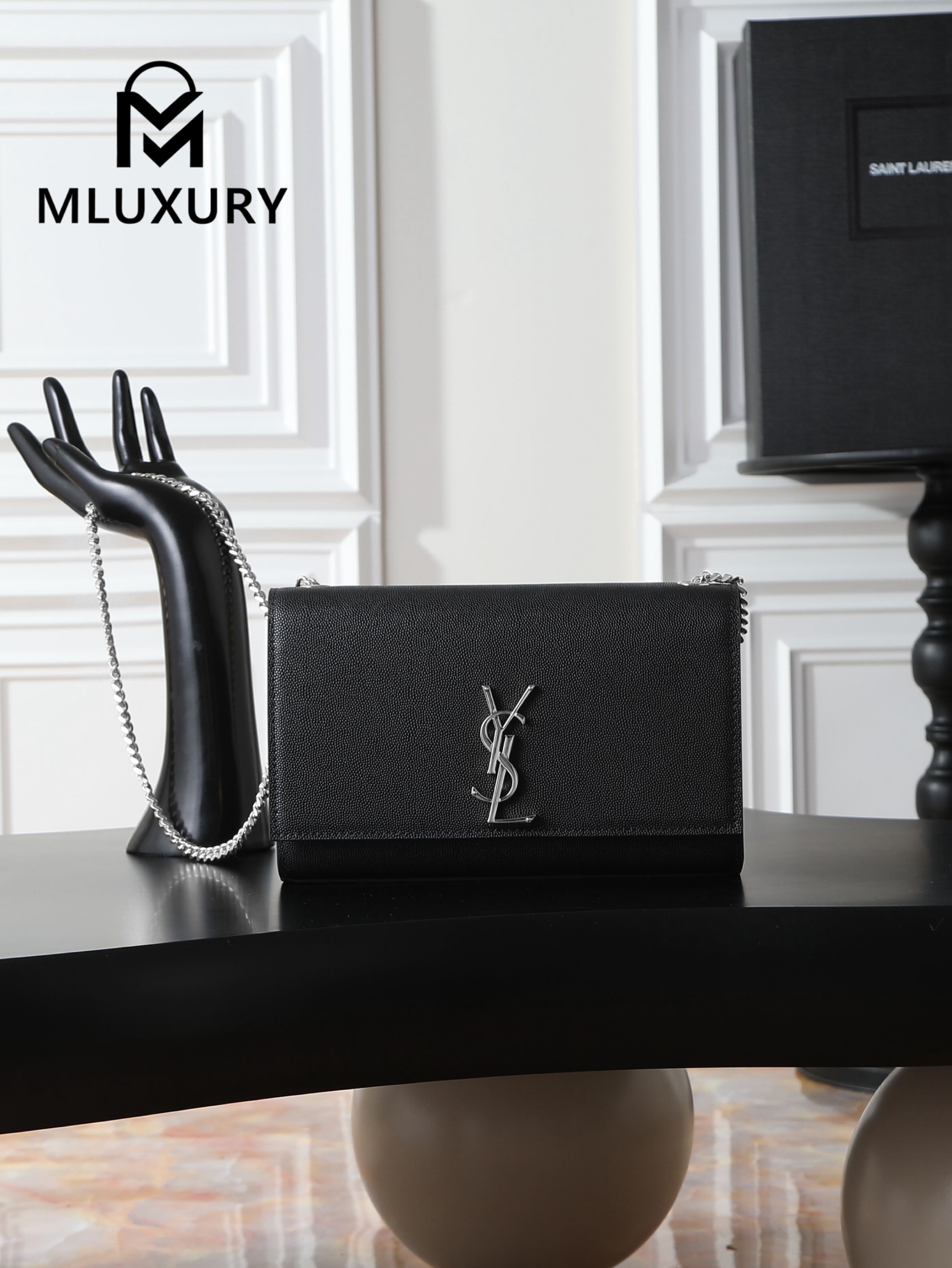 YSL KATE Black Caviar with Silver Buckle