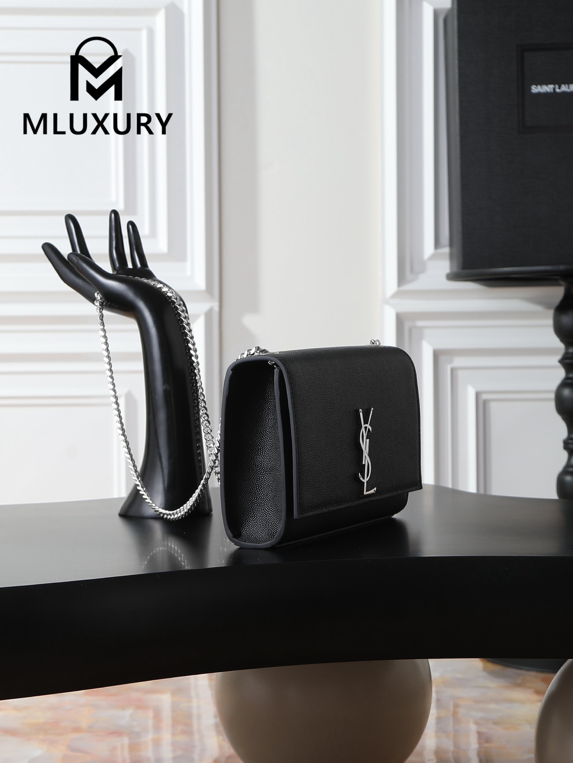 YSL KATE Black Caviar with Silver Buckle