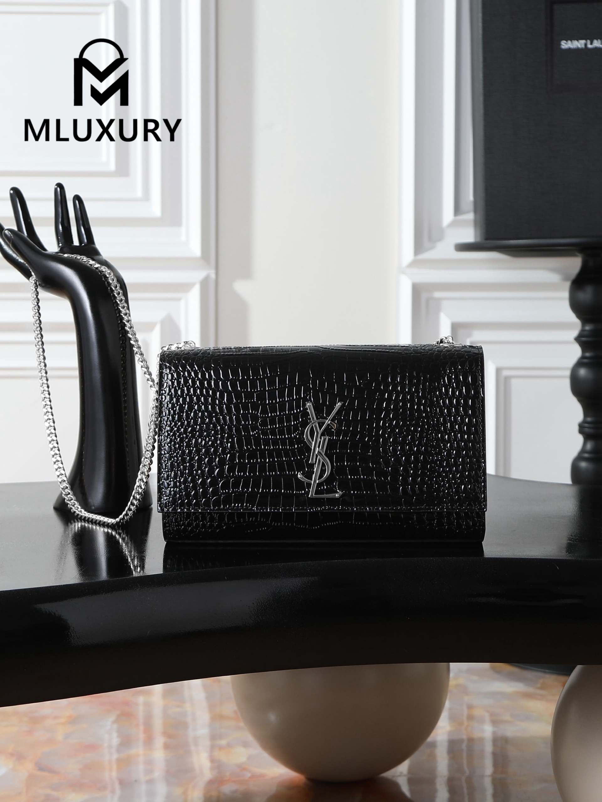 YSL KATE Black Crocodile Embossed with Silver Buckle · 24cm