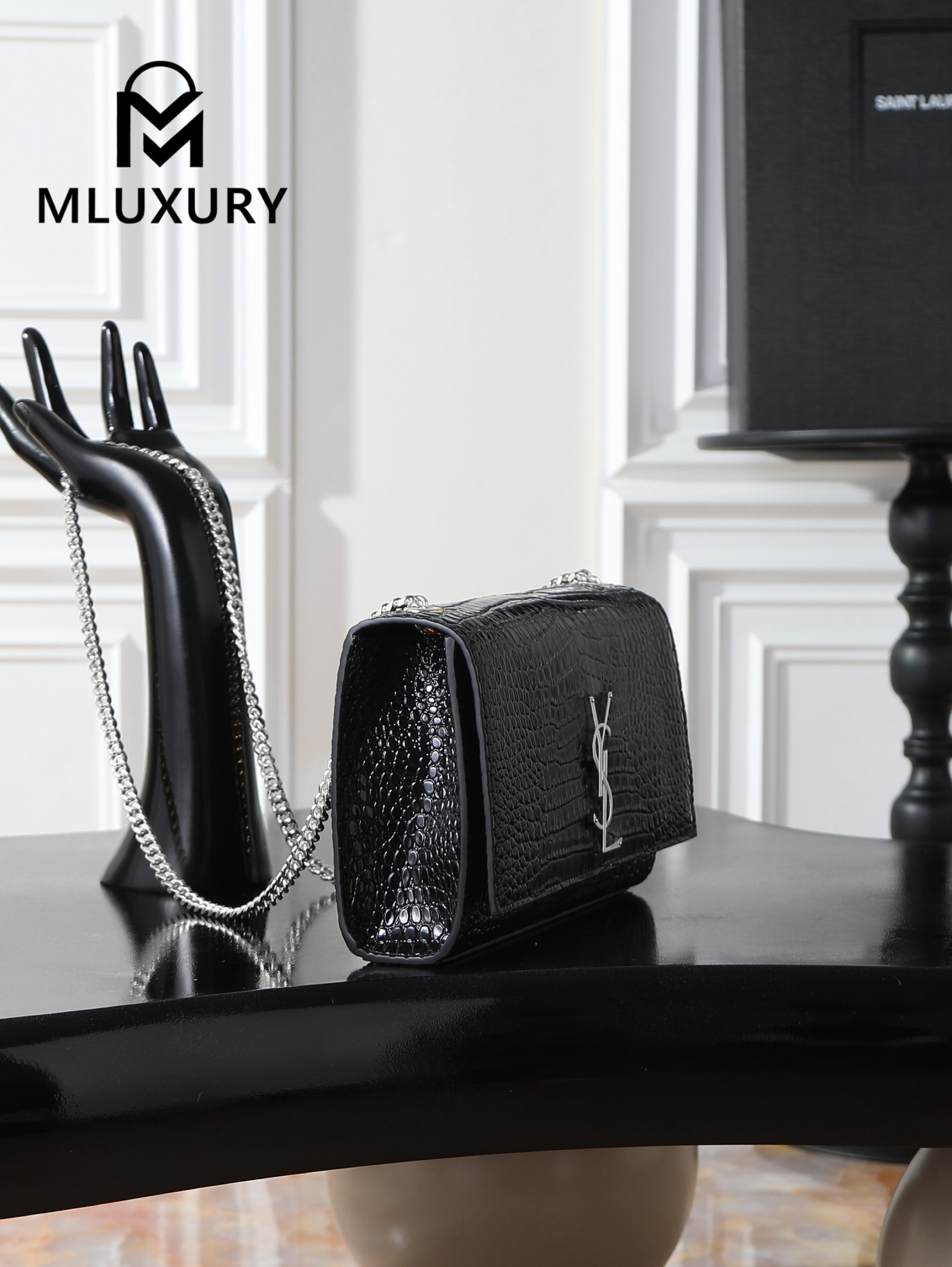 YSL KATE Black Crocodile Embossed with Silver Buckle · 24cm