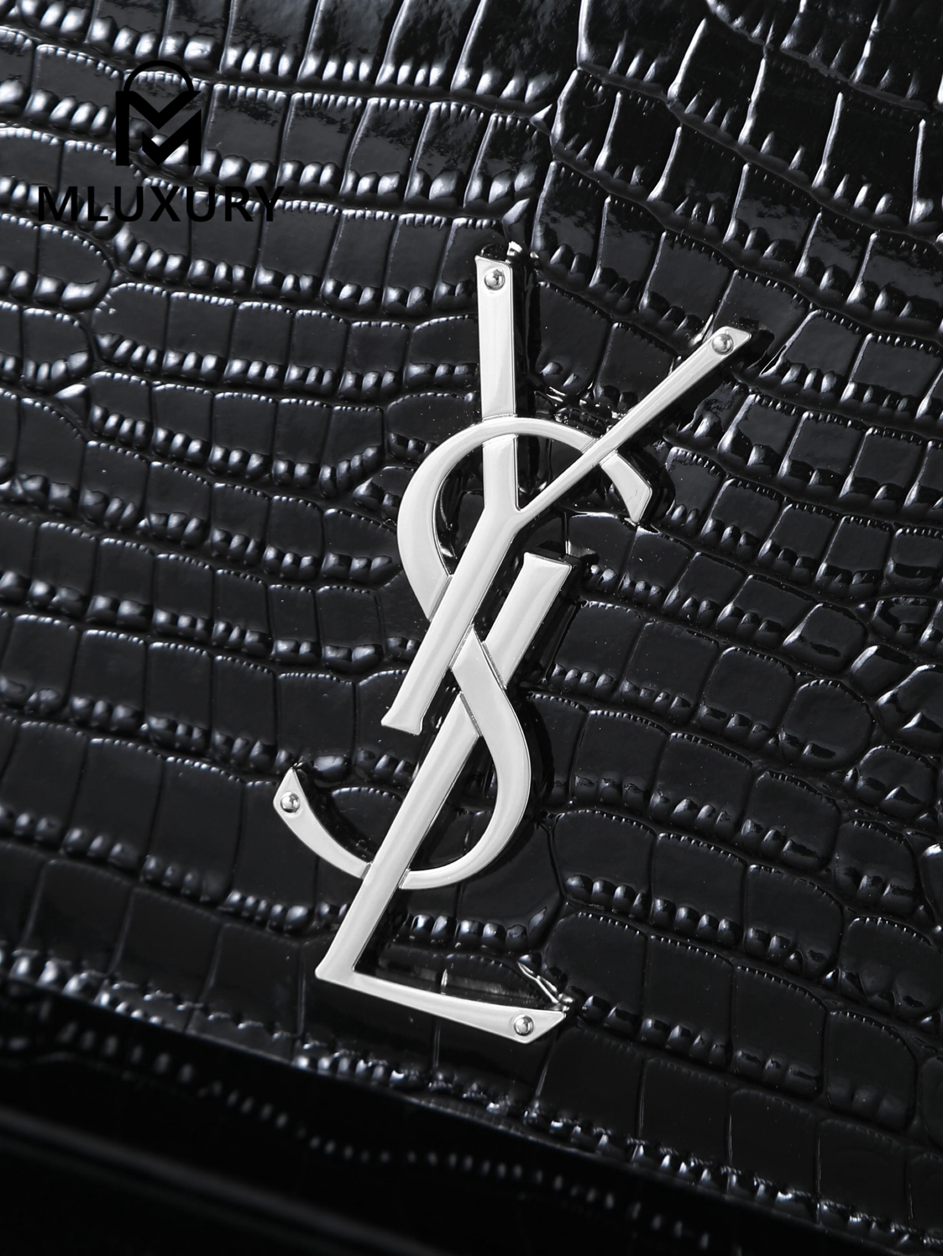 YSL KATE Black Crocodile Embossed with Silver Buckle · 24cm