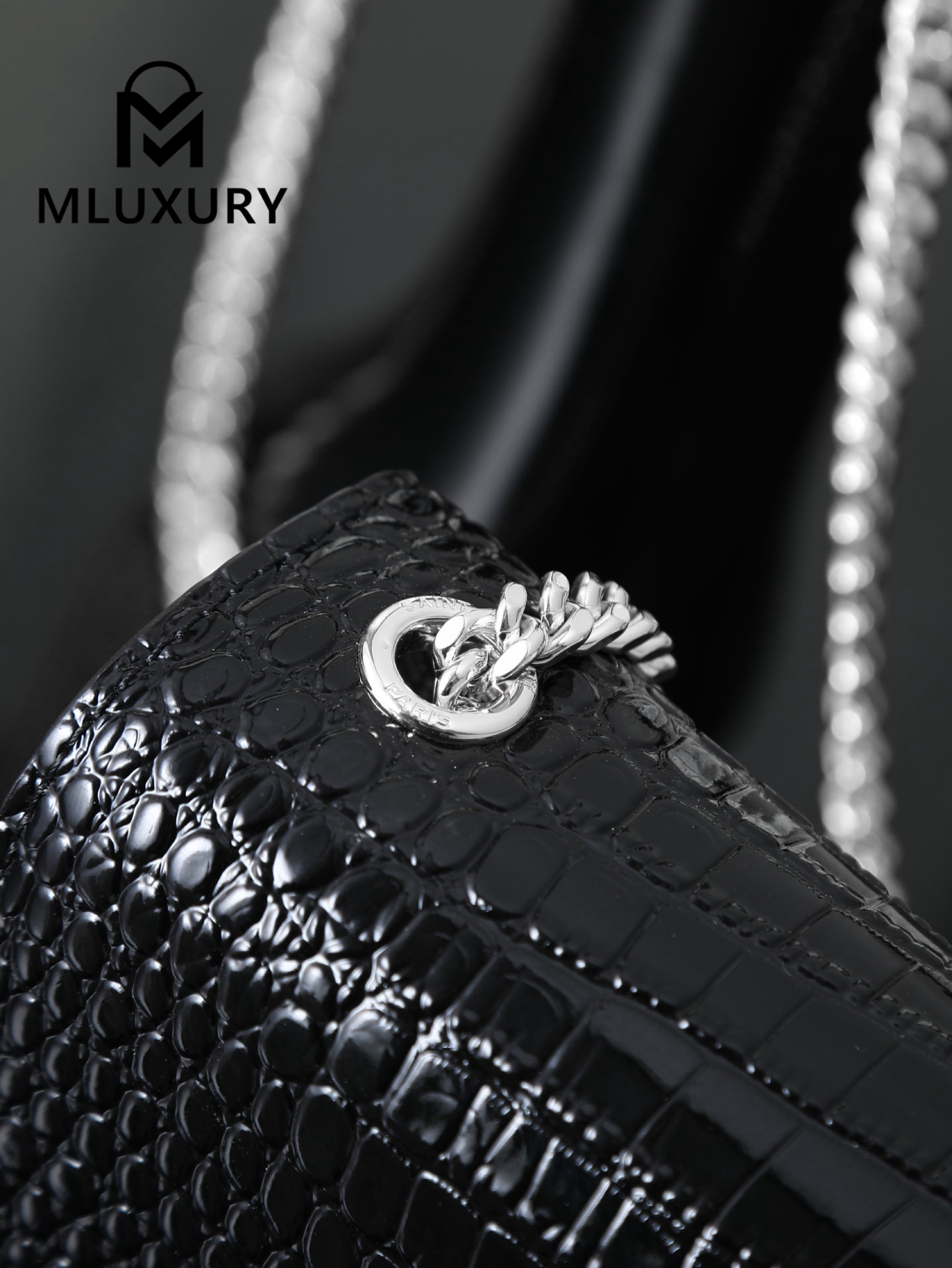 YSL KATE Black Crocodile Embossed with Silver Buckle · 24cm