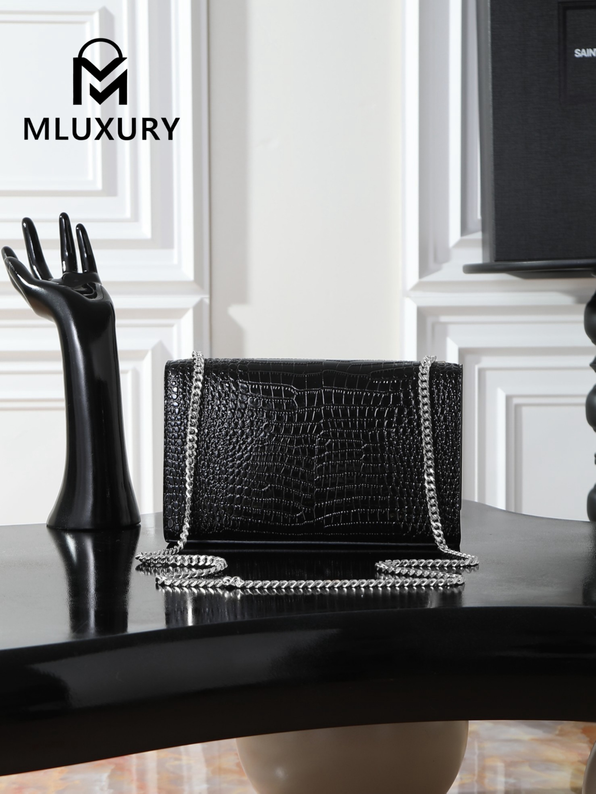 YSL KATE Black Crocodile Embossed with Silver Buckle · 24cm