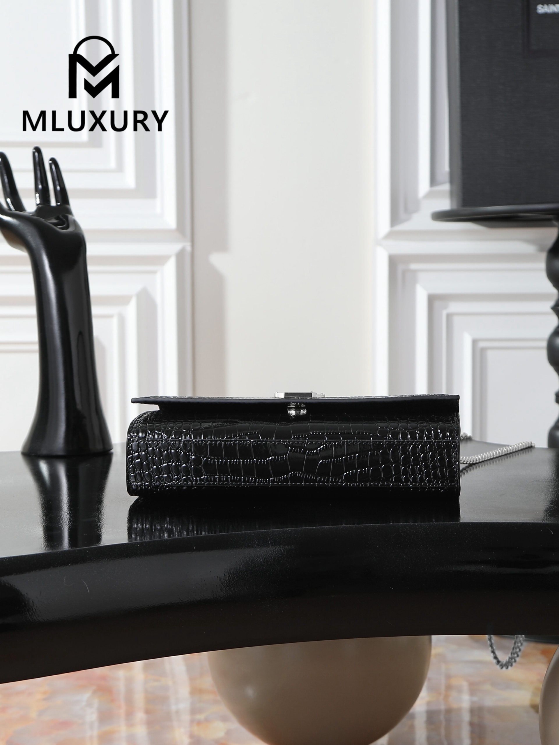 YSL KATE Black Crocodile Embossed with Silver Buckle · 24cm