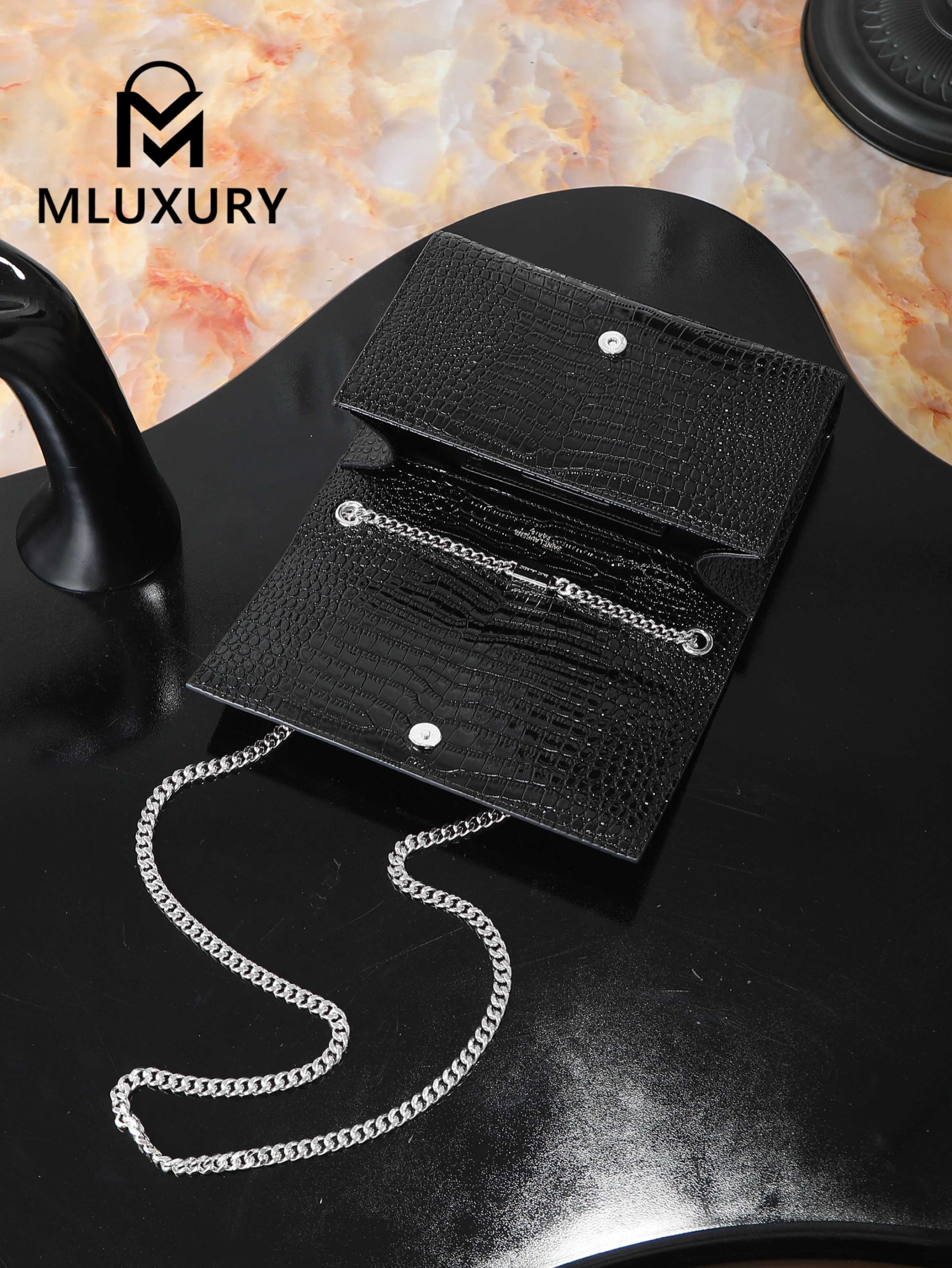 YSL KATE Black Crocodile Embossed with Silver Buckle · 24cm