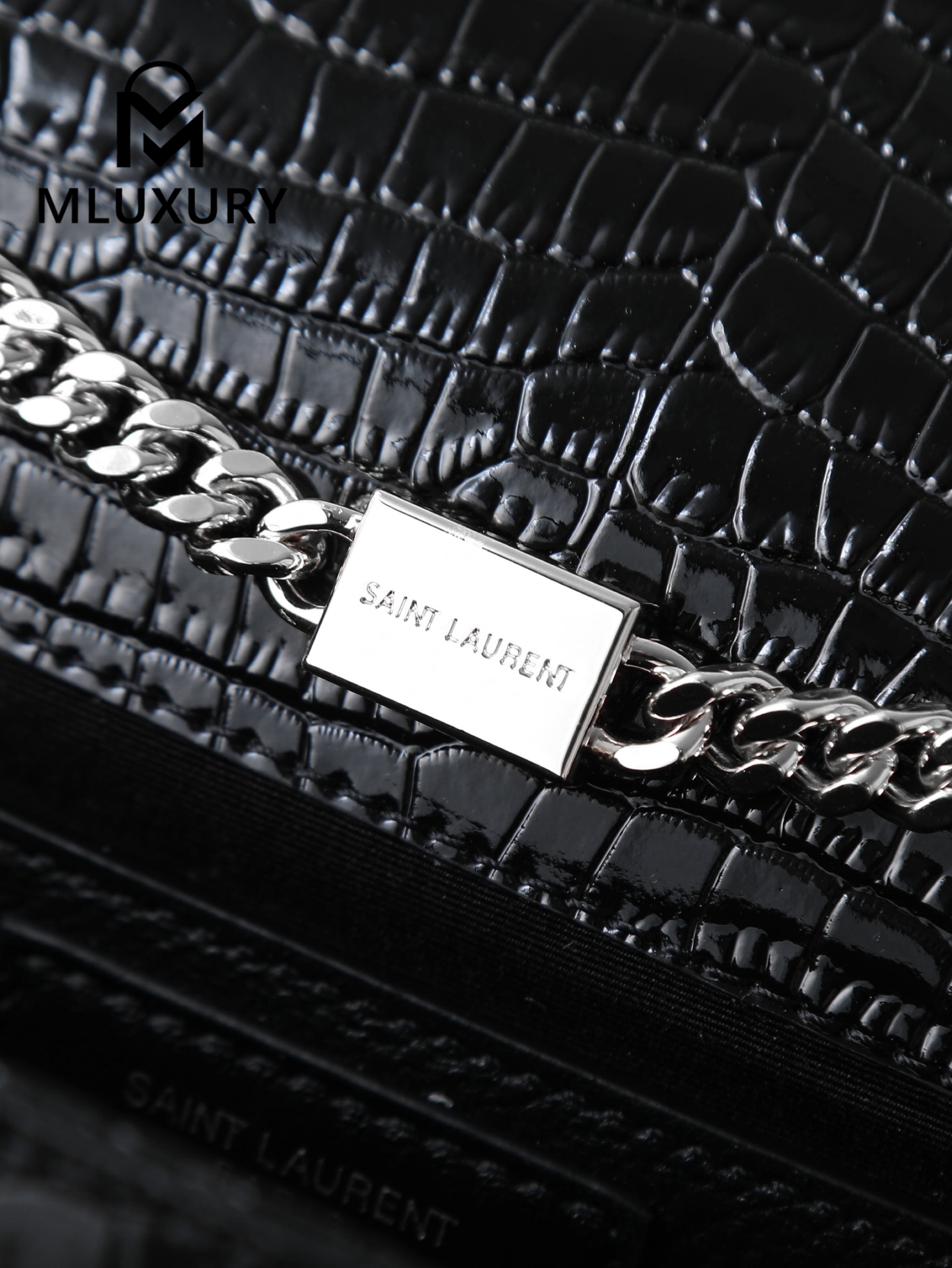 YSL KATE Black Crocodile Embossed with Silver Buckle · 24cm