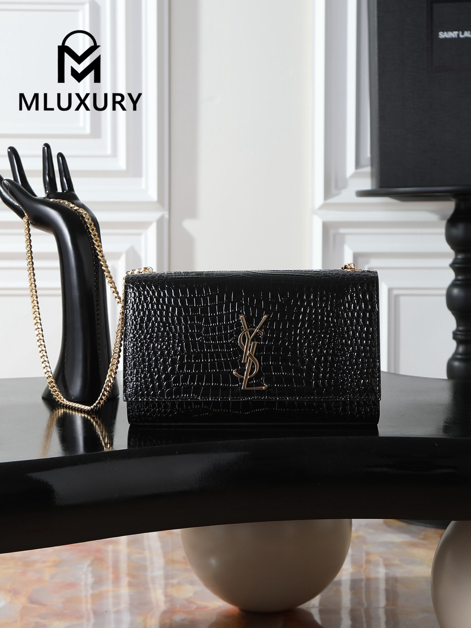 YSL KATE Black Crocodile Embossed with Gold Buckle · 24cm