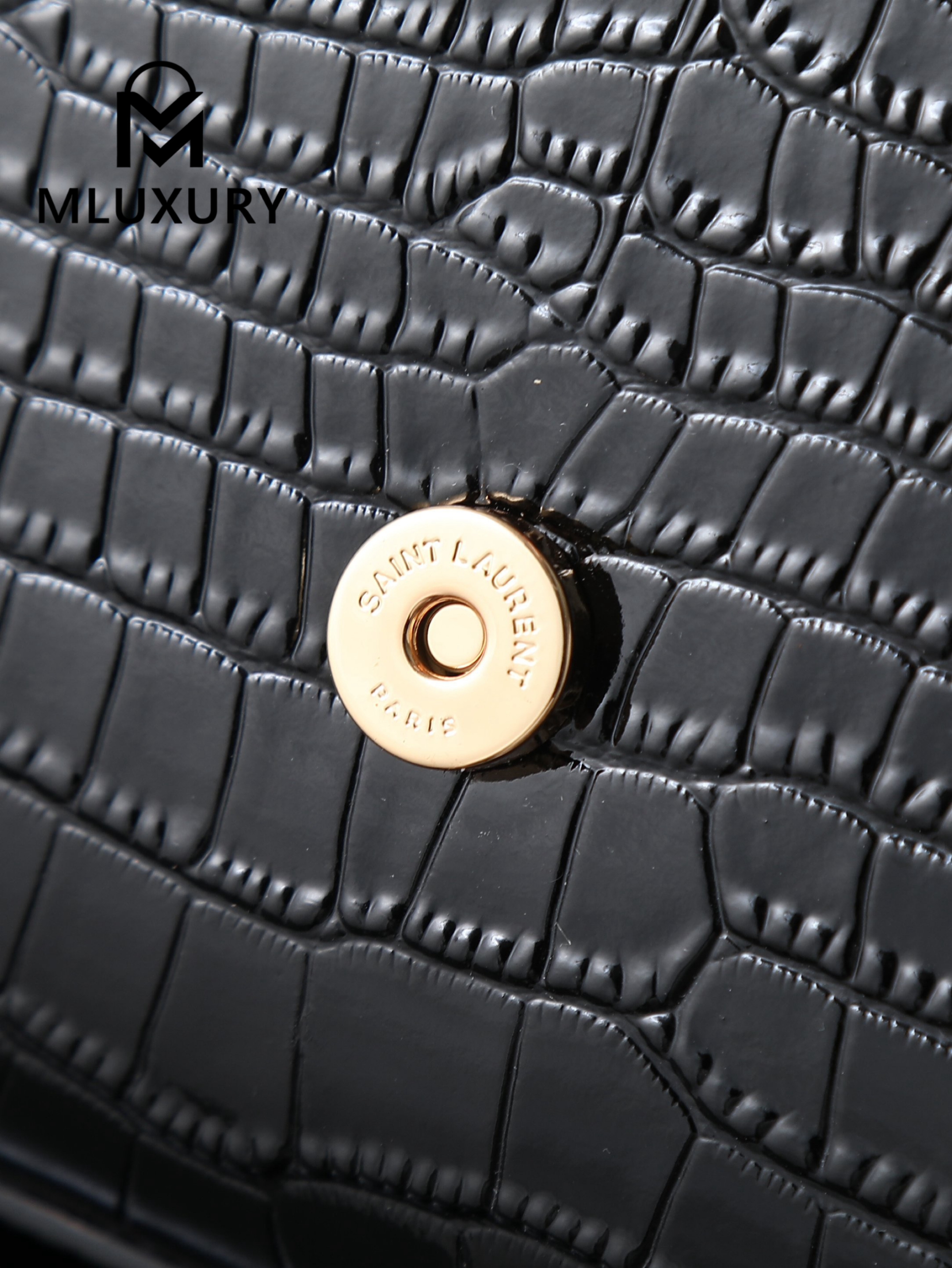 YSL KATE Black Crocodile Embossed with Gold Buckle · 24cm