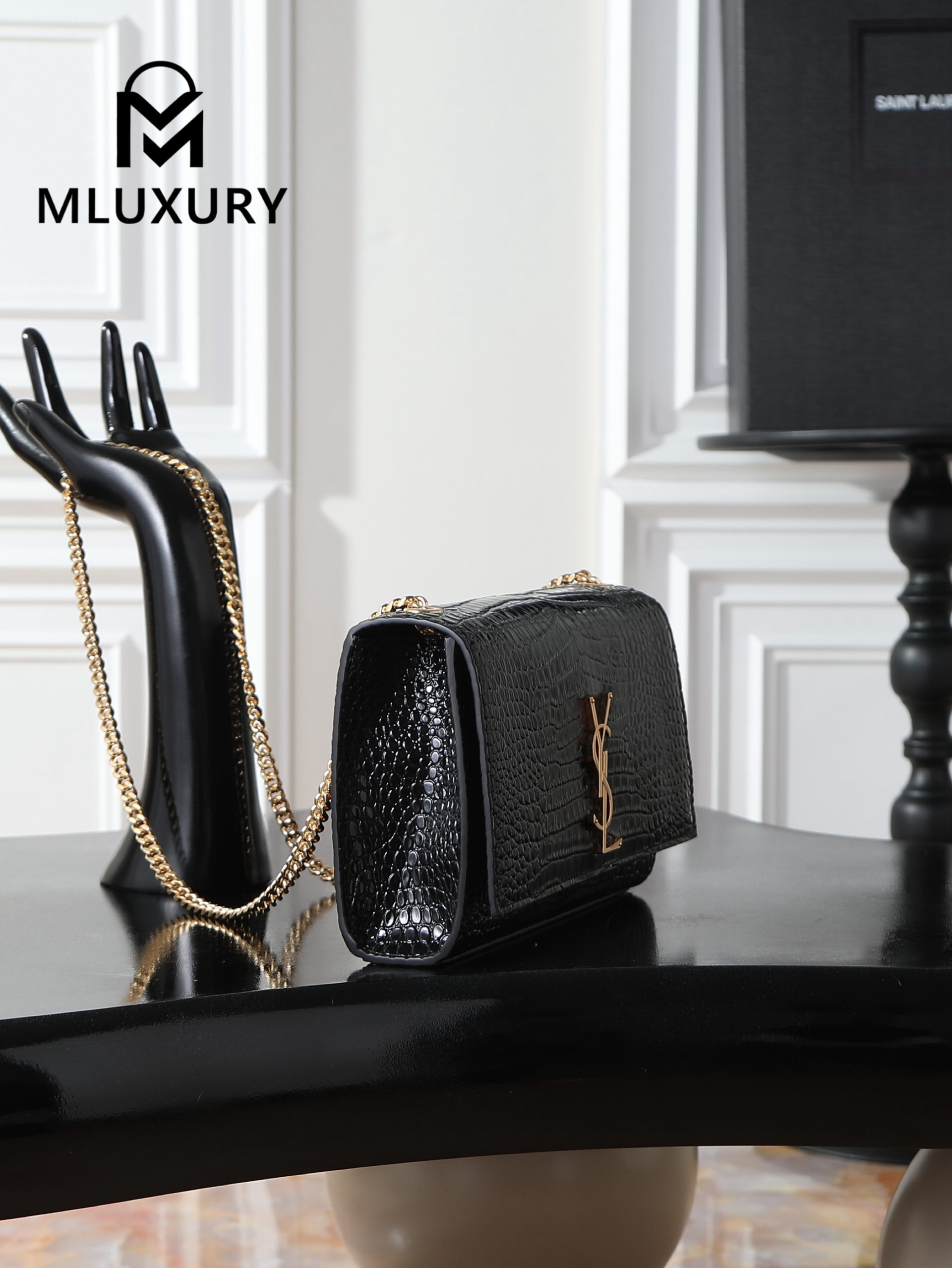 YSL KATE Black Crocodile Embossed with Gold Buckle · 24cm