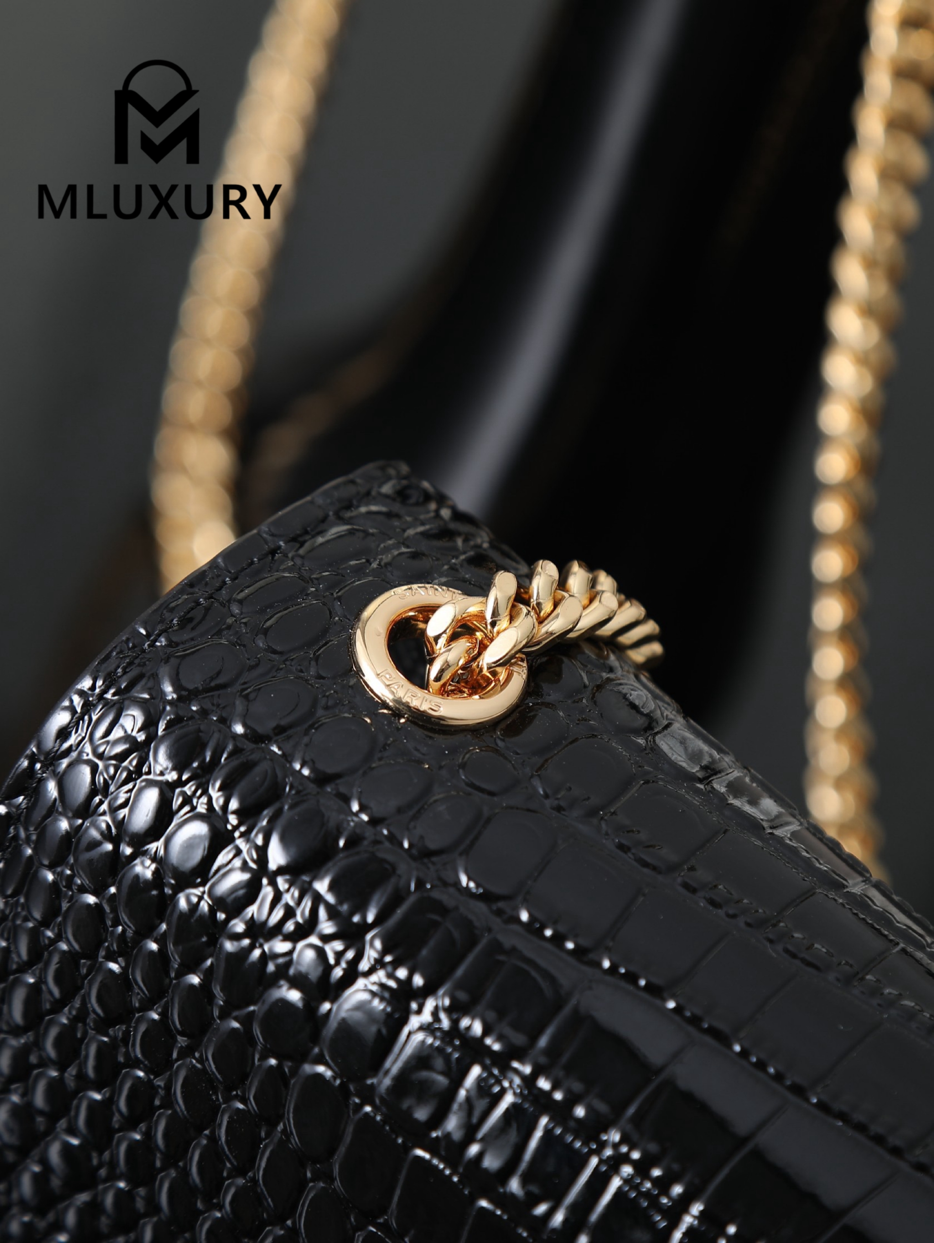 YSL KATE Black Crocodile Embossed with Gold Buckle · 24cm