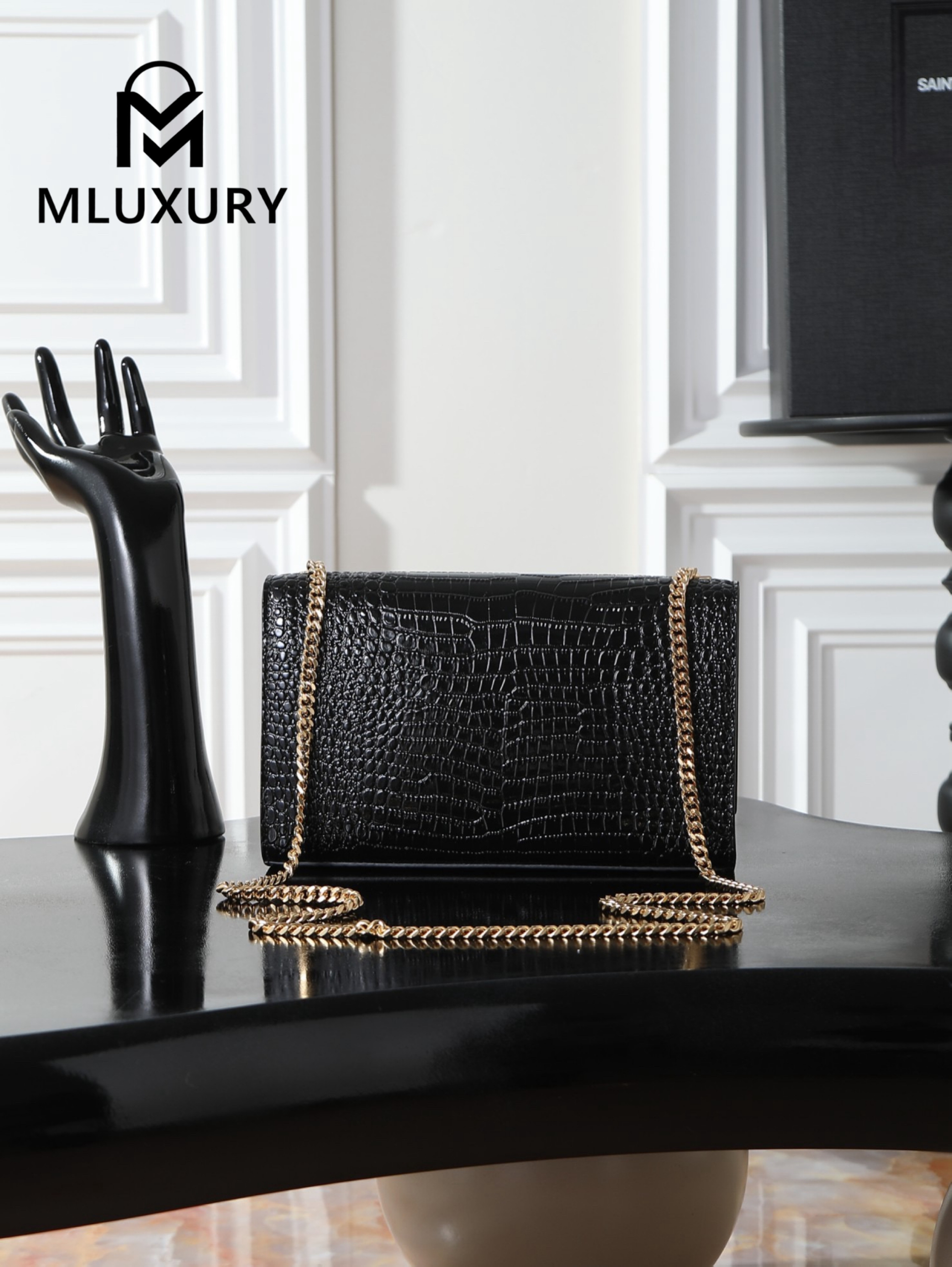 YSL KATE Black Crocodile Embossed with Gold Buckle · 24cm