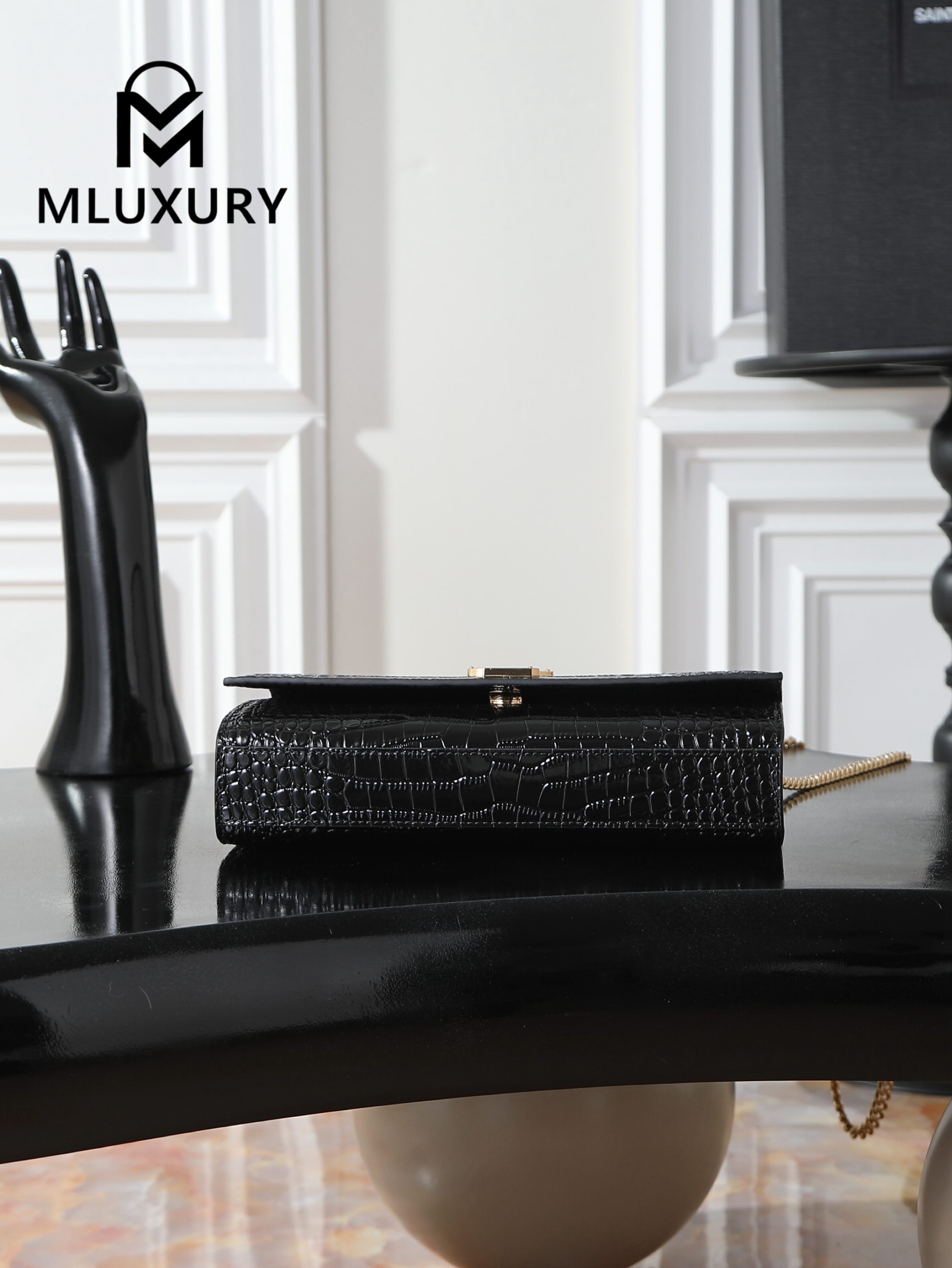 YSL KATE Black Crocodile Embossed with Gold Buckle · 24cm