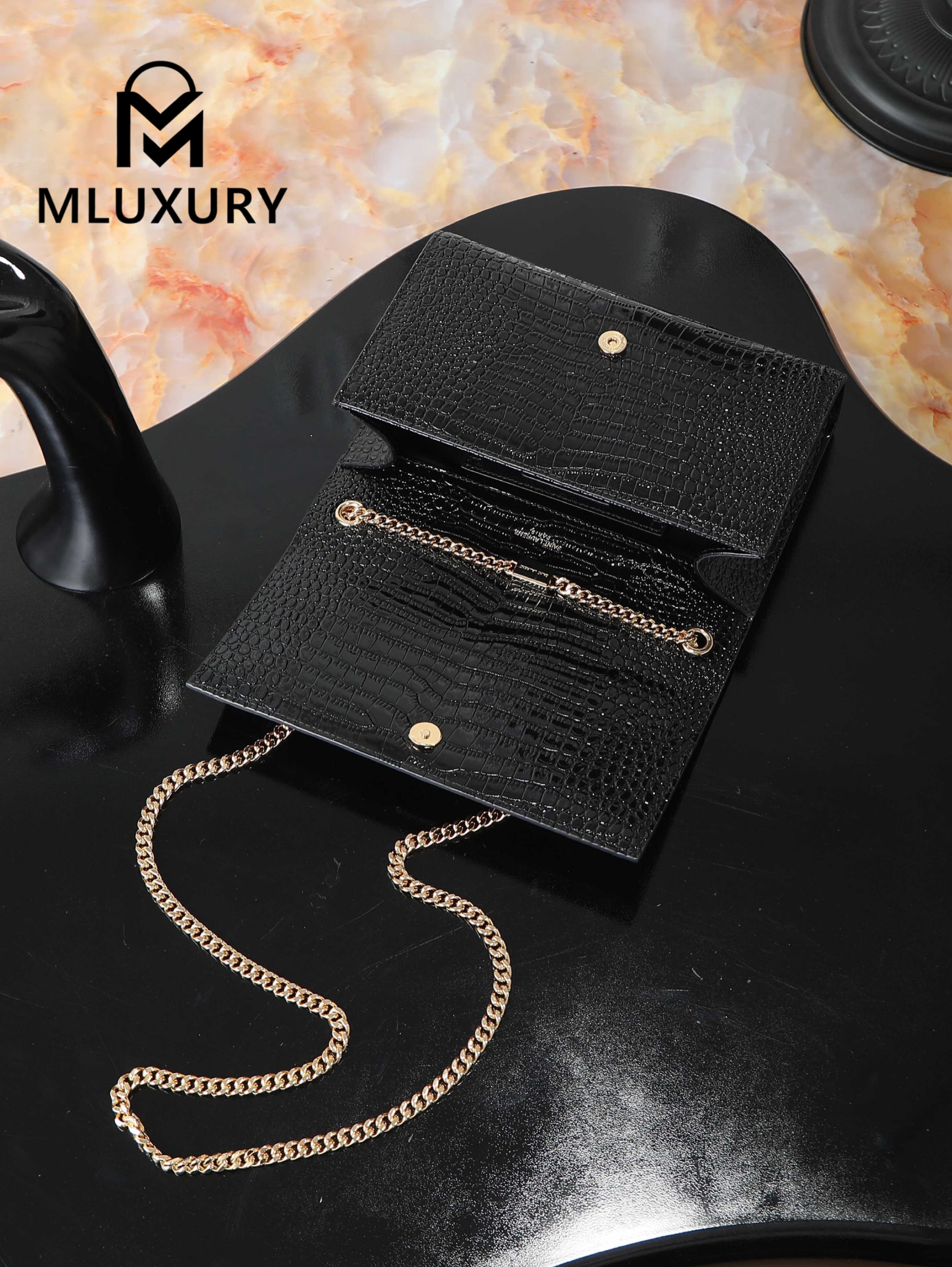 YSL KATE Black Crocodile Embossed with Gold Buckle · 24cm