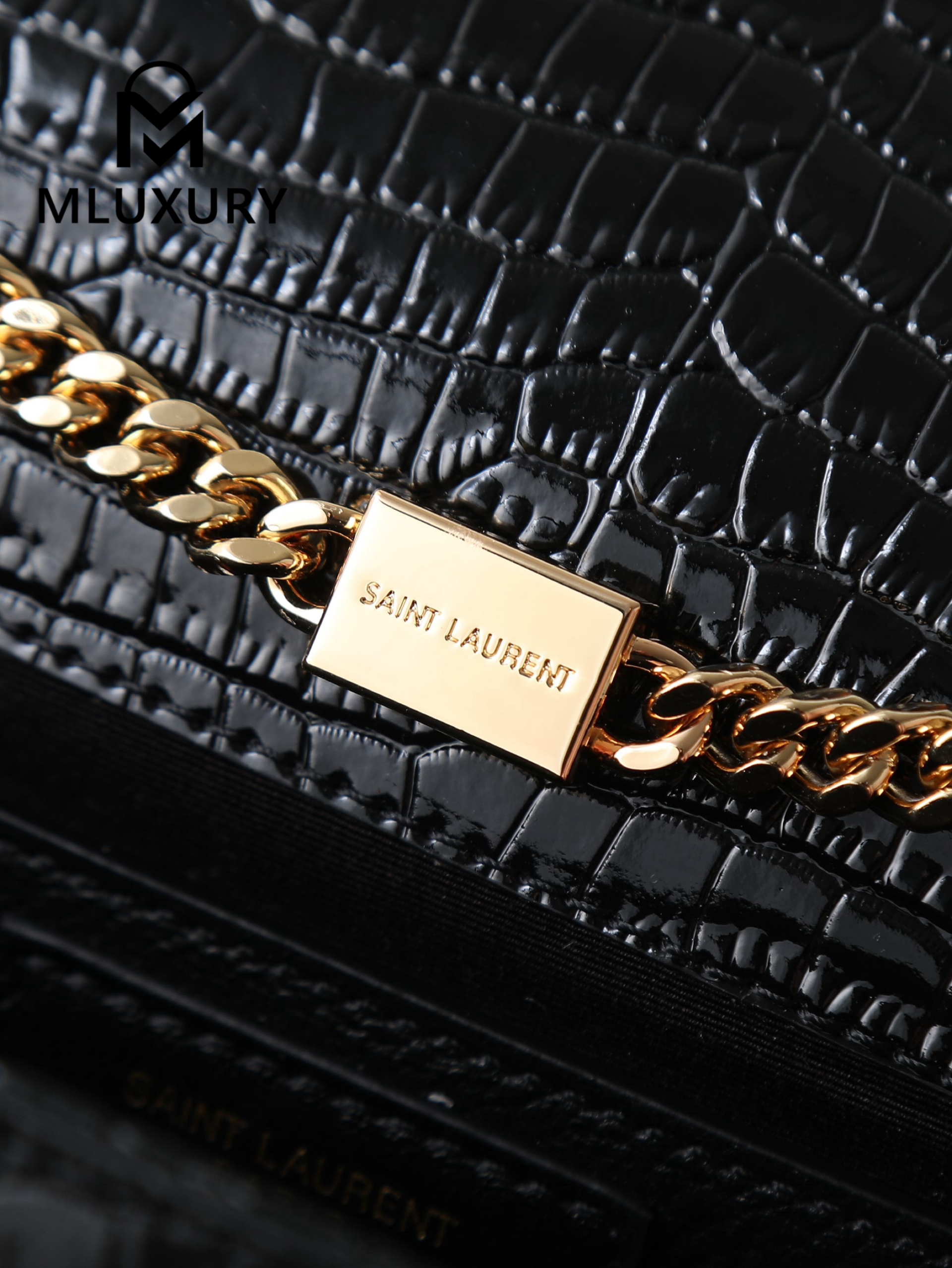 YSL KATE Black Crocodile Embossed with Gold Buckle · 24cm
