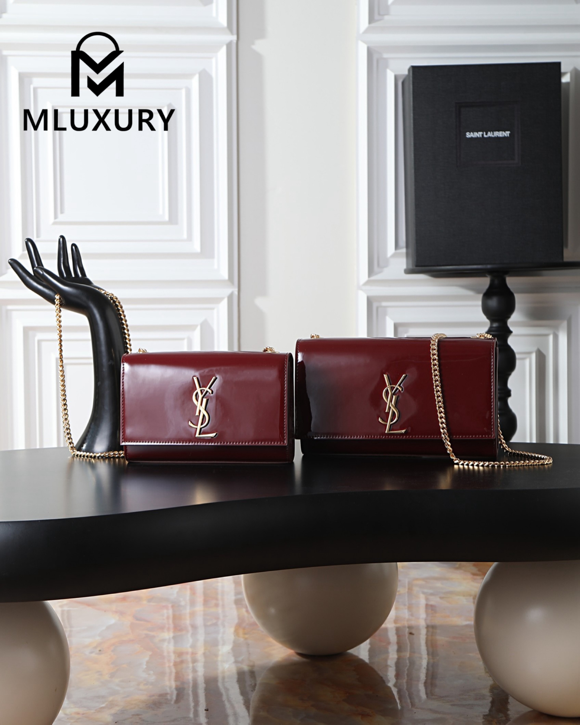 YSL KATE Maroon Patent Leather with Gold Buckle