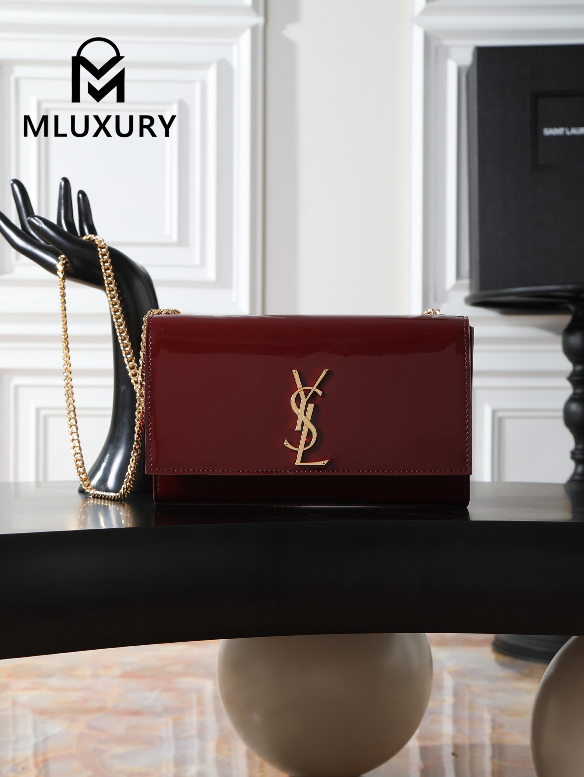 YSL KATE Maroon Patent Leather with Gold Buckle