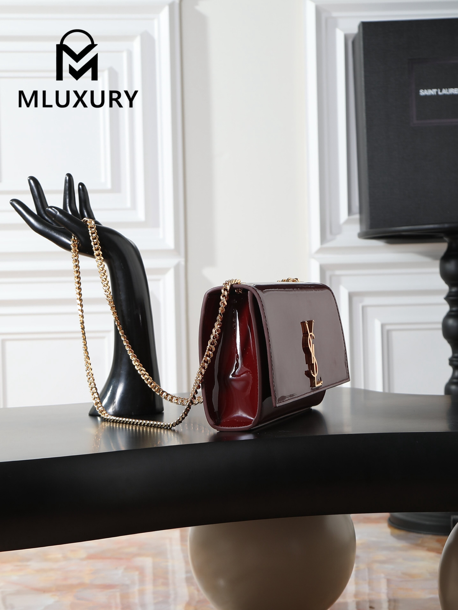 YSL KATE Maroon Patent Leather with Gold Buckle