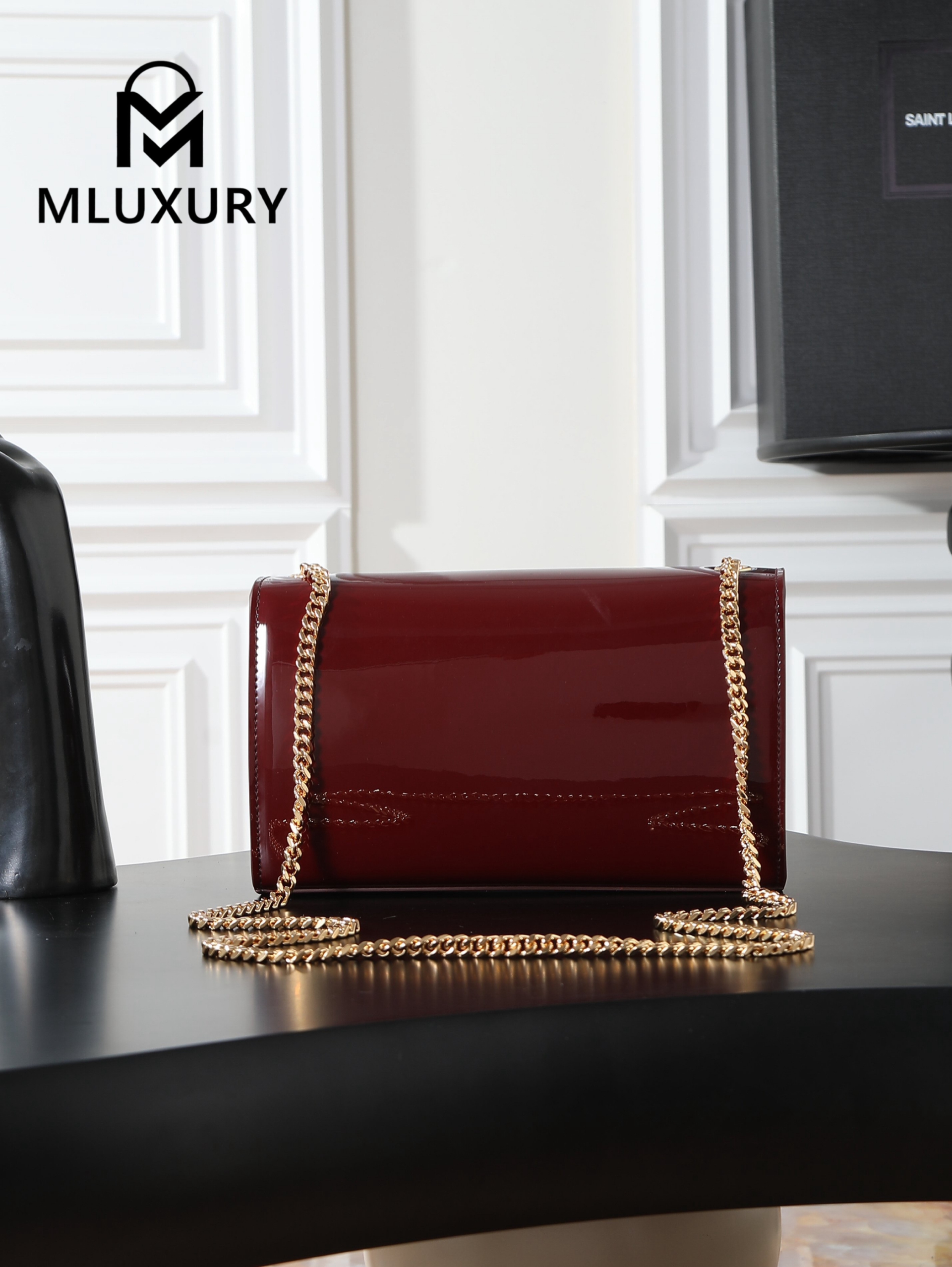 YSL KATE Maroon Patent Leather with Gold Buckle
