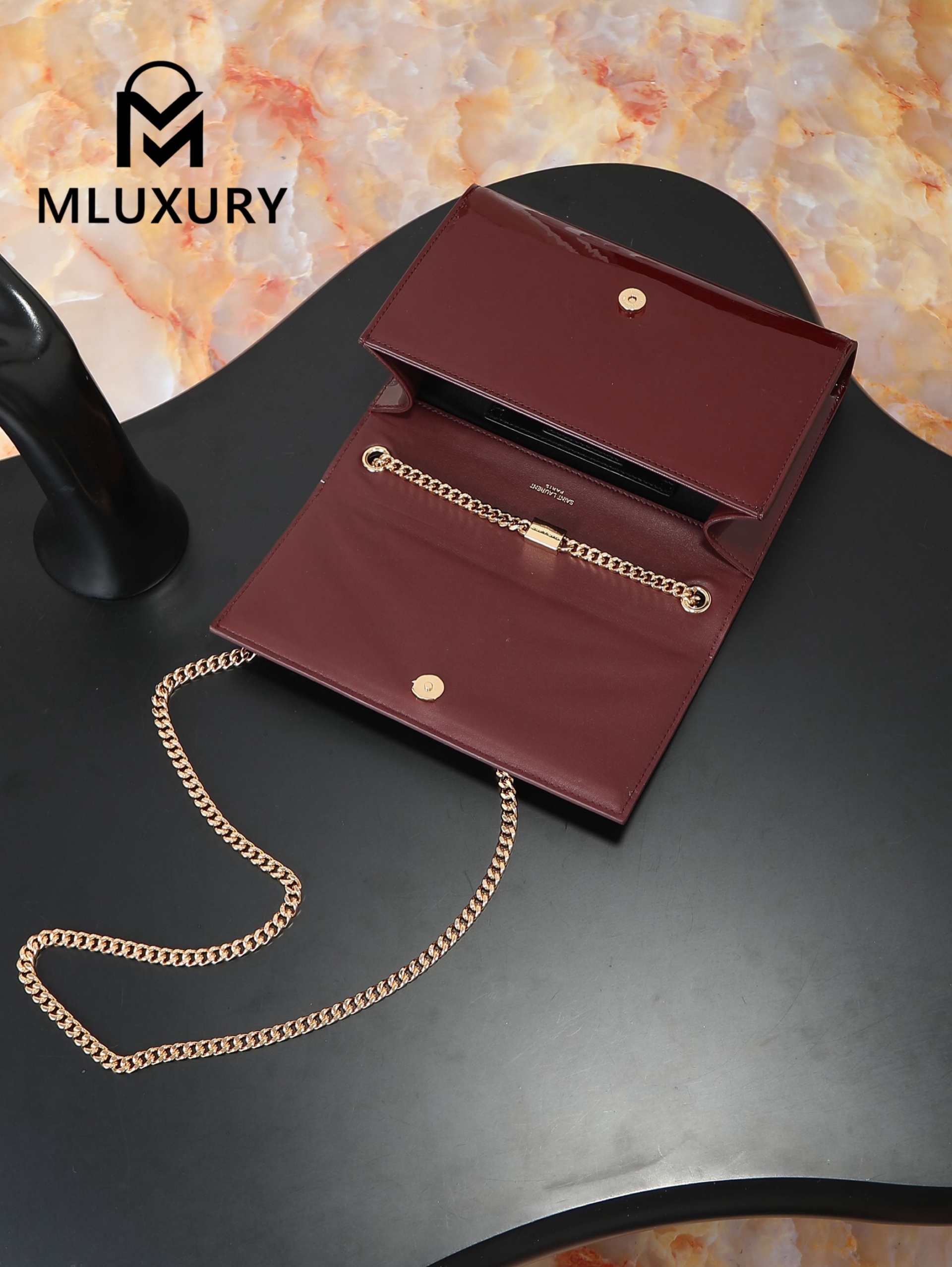 YSL KATE Maroon Patent Leather with Gold Buckle