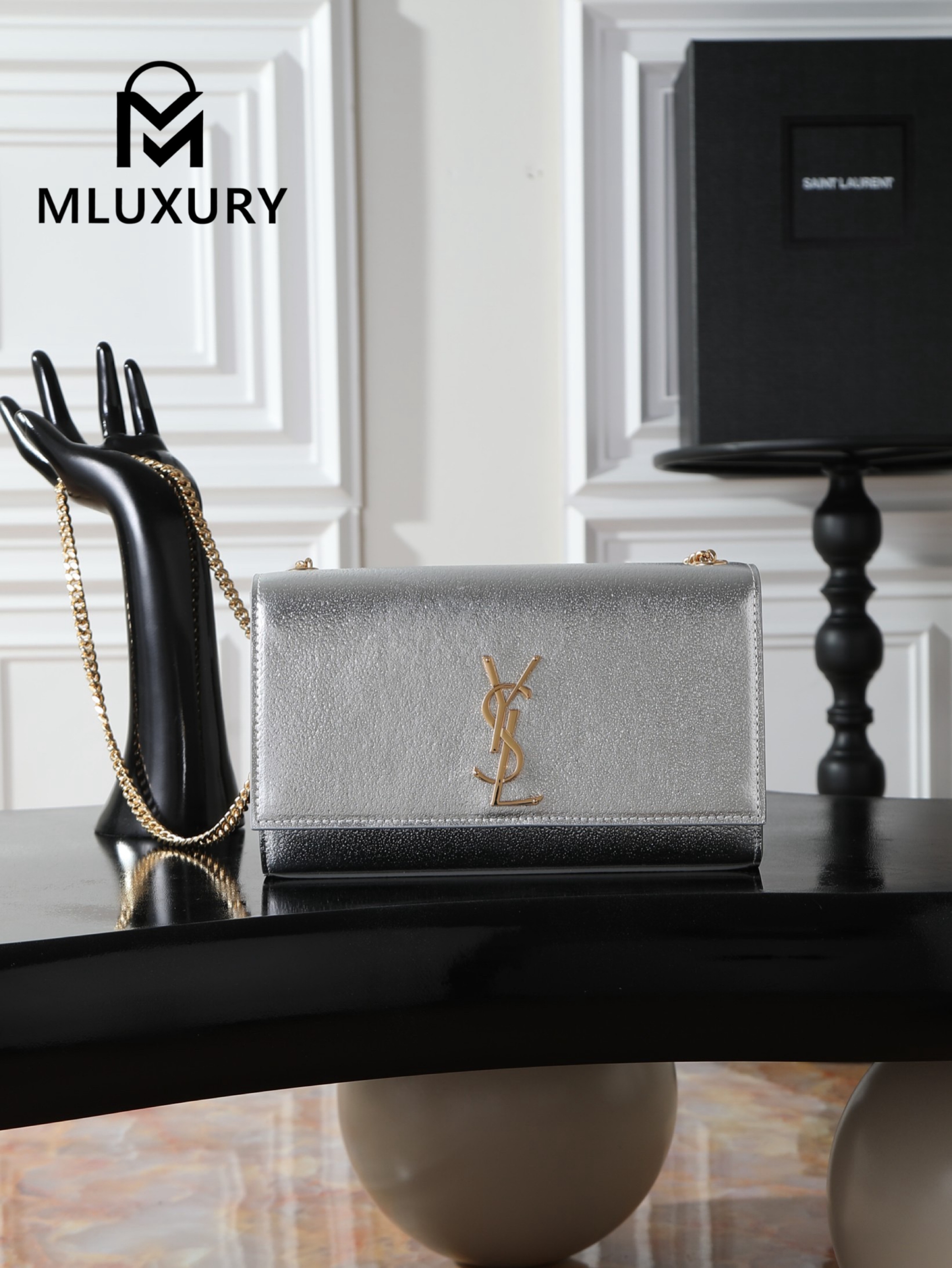 YSL KATE Silver Diamond Pattern Gold Buckle · 24cm