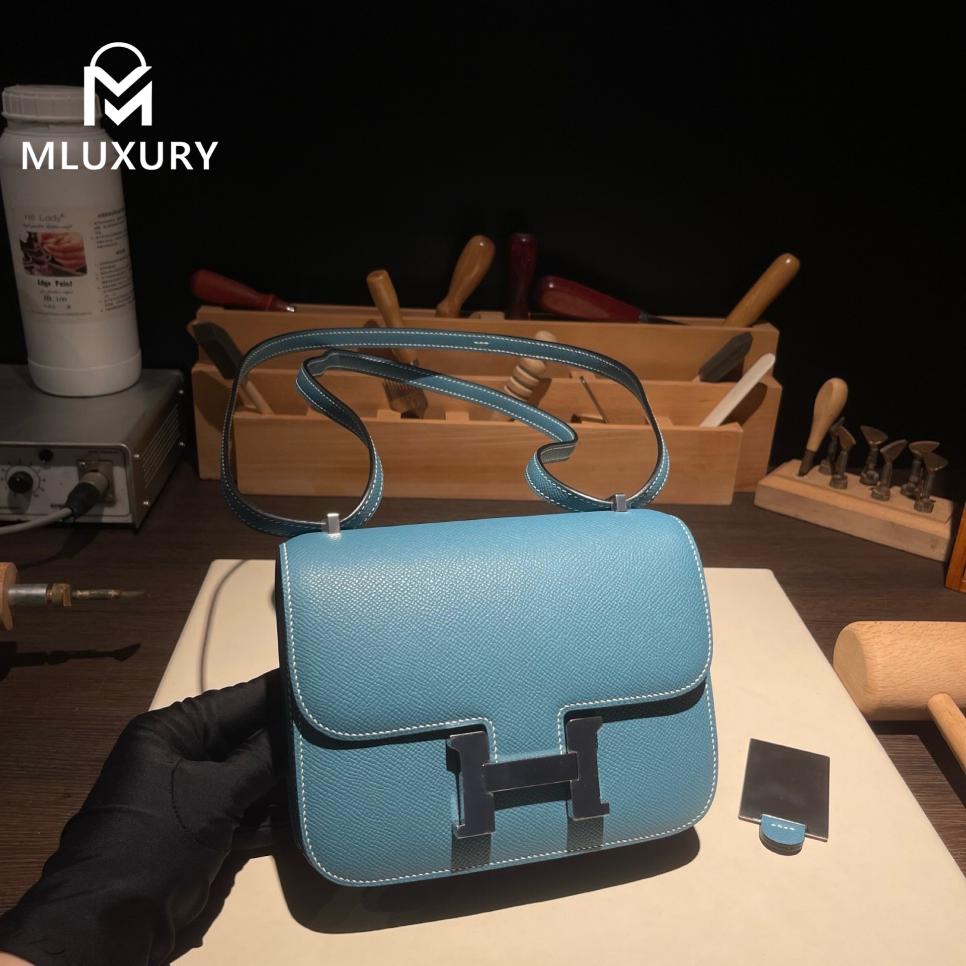 Hermès Constance 19 Flight Attendant Style, Mirrored, Epsom Leather, Denim Blue, Silver Hardware
