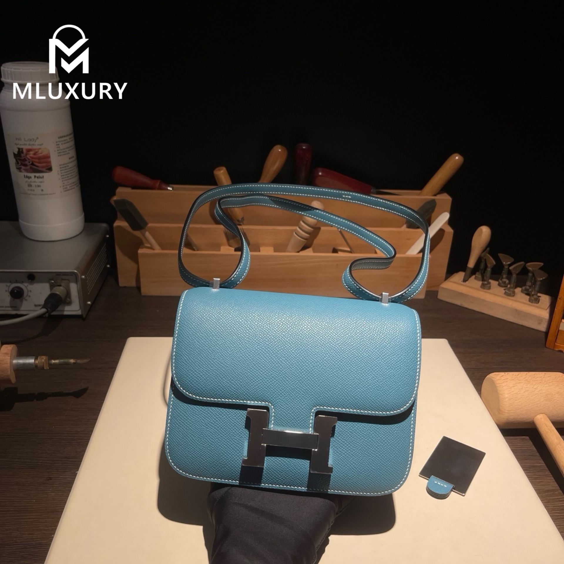 Hermès Constance 19 Flight Attendant Style, Mirrored, Epsom Leather, Denim Blue, Silver Hardware