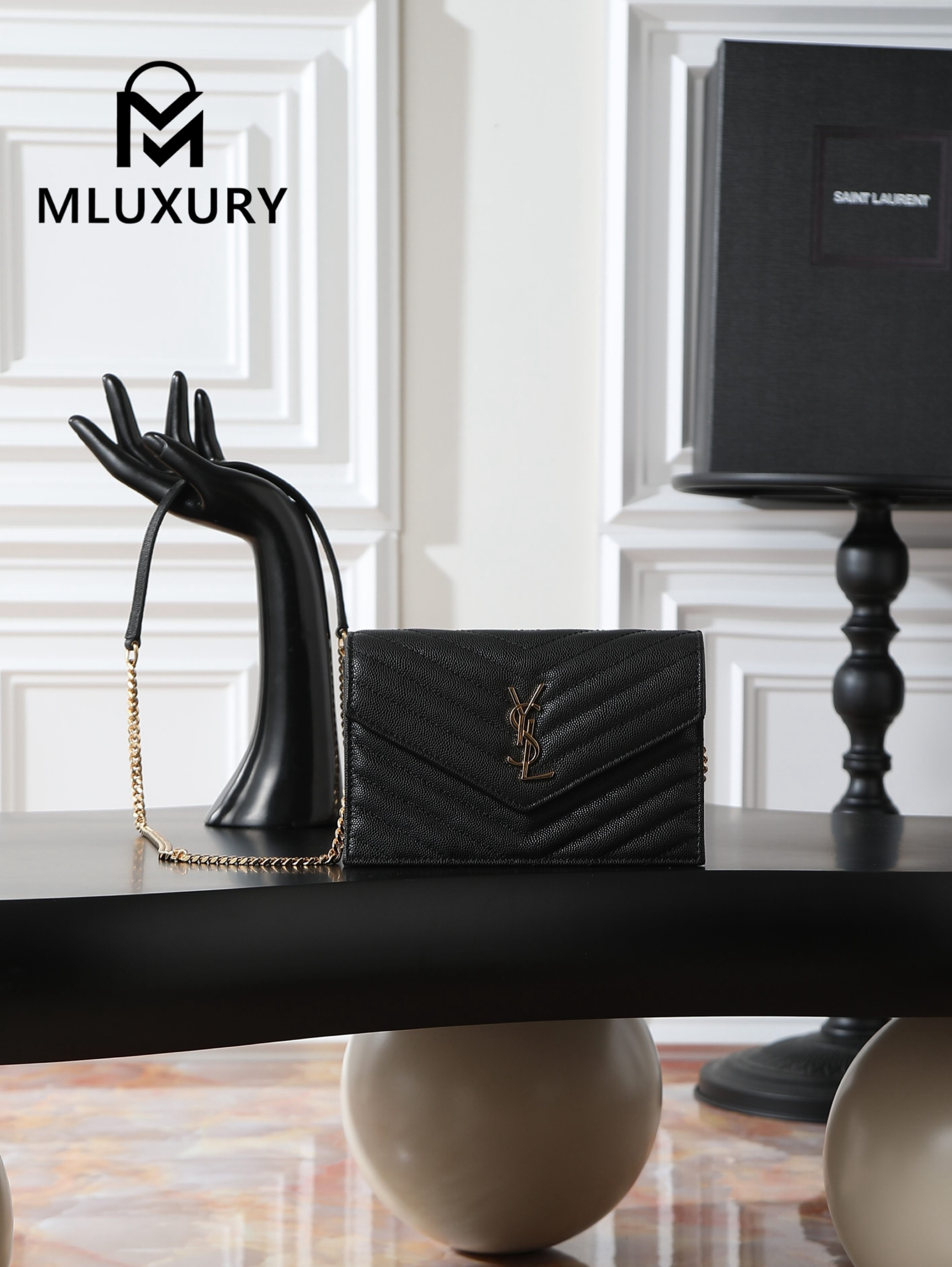 YSL WOC Caviar Small Envelope Bag, Black with Gold Buckle