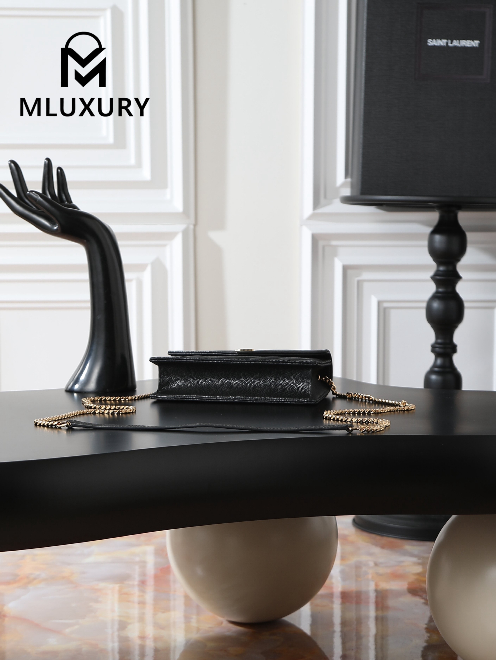 YSL WOC Caviar Small Envelope Bag, Black with Gold Buckle