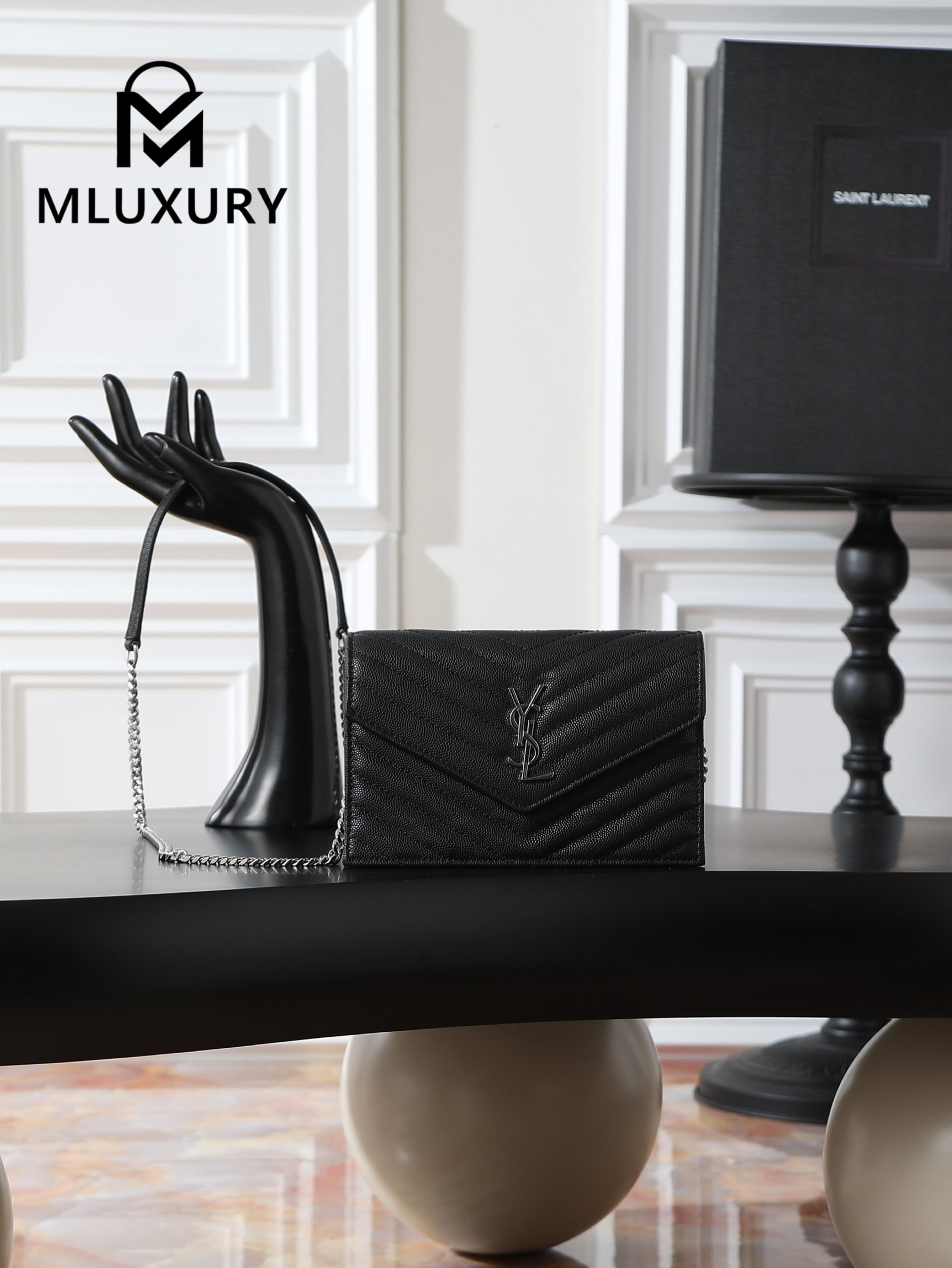 YSL WOC Caviar Small Envelope Bag, Black with Silver Hardware