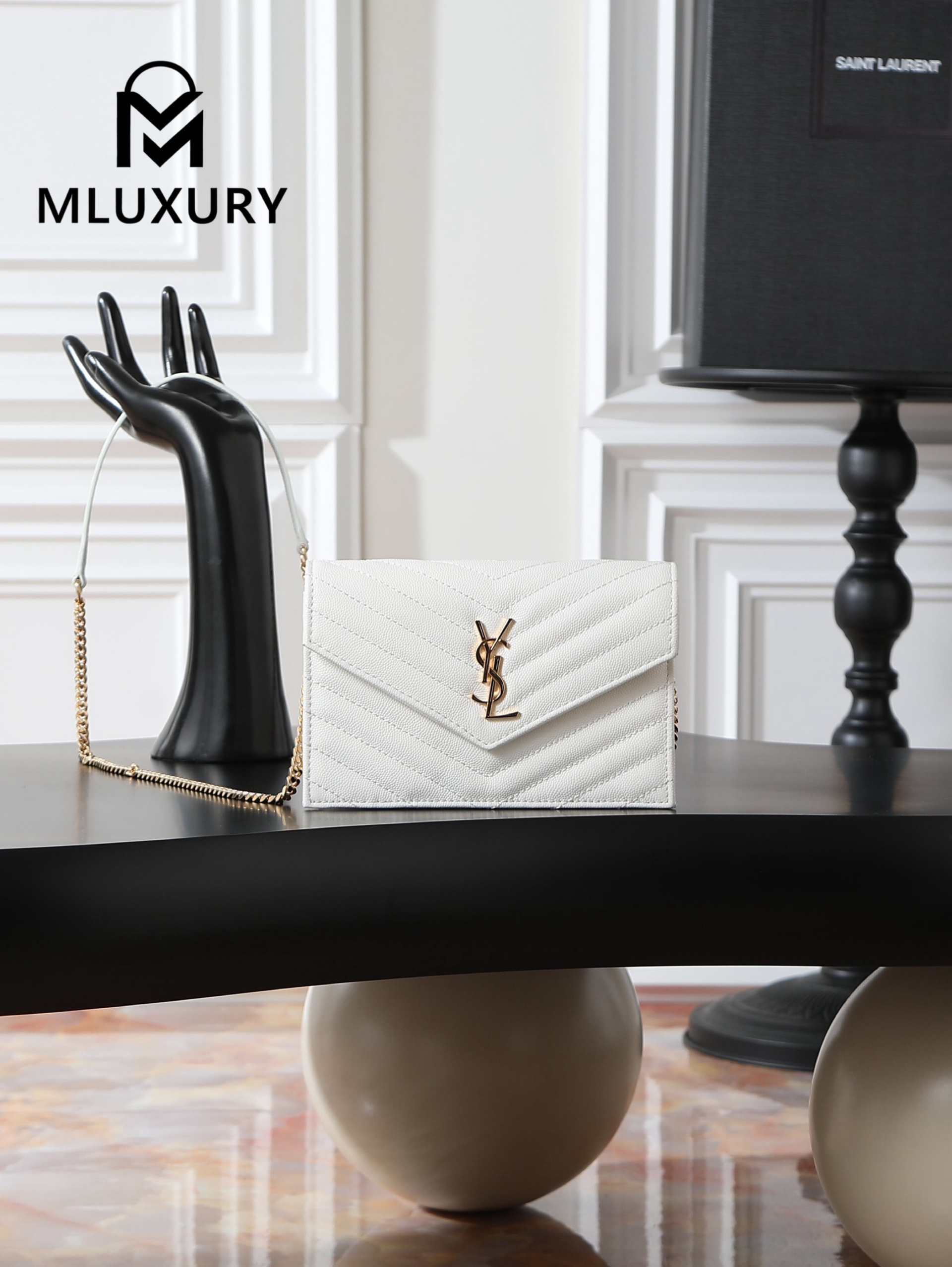 YSL WOC Caviar Small Envelope Bag, White with Gold Hardware